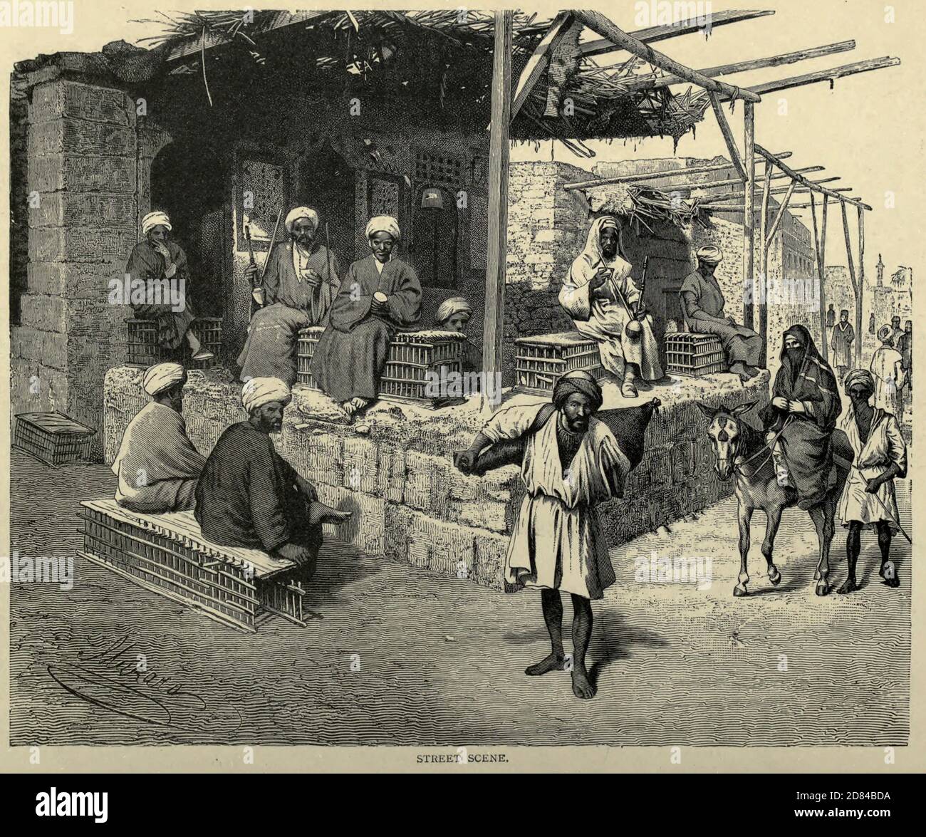 wood engraving of a Street Scene in Cairo From the book 'Picturesque Palestine, Sinai and Egypt : social life in Egypt; a description of the country and its people' with illustrations on Steel and Wood by Wilson, Charles William, Sir, 1836-1905; Lane-Poole, Stanley, 1854-1931. Published by J.S. Virtue in London in 1884 Stock Photo