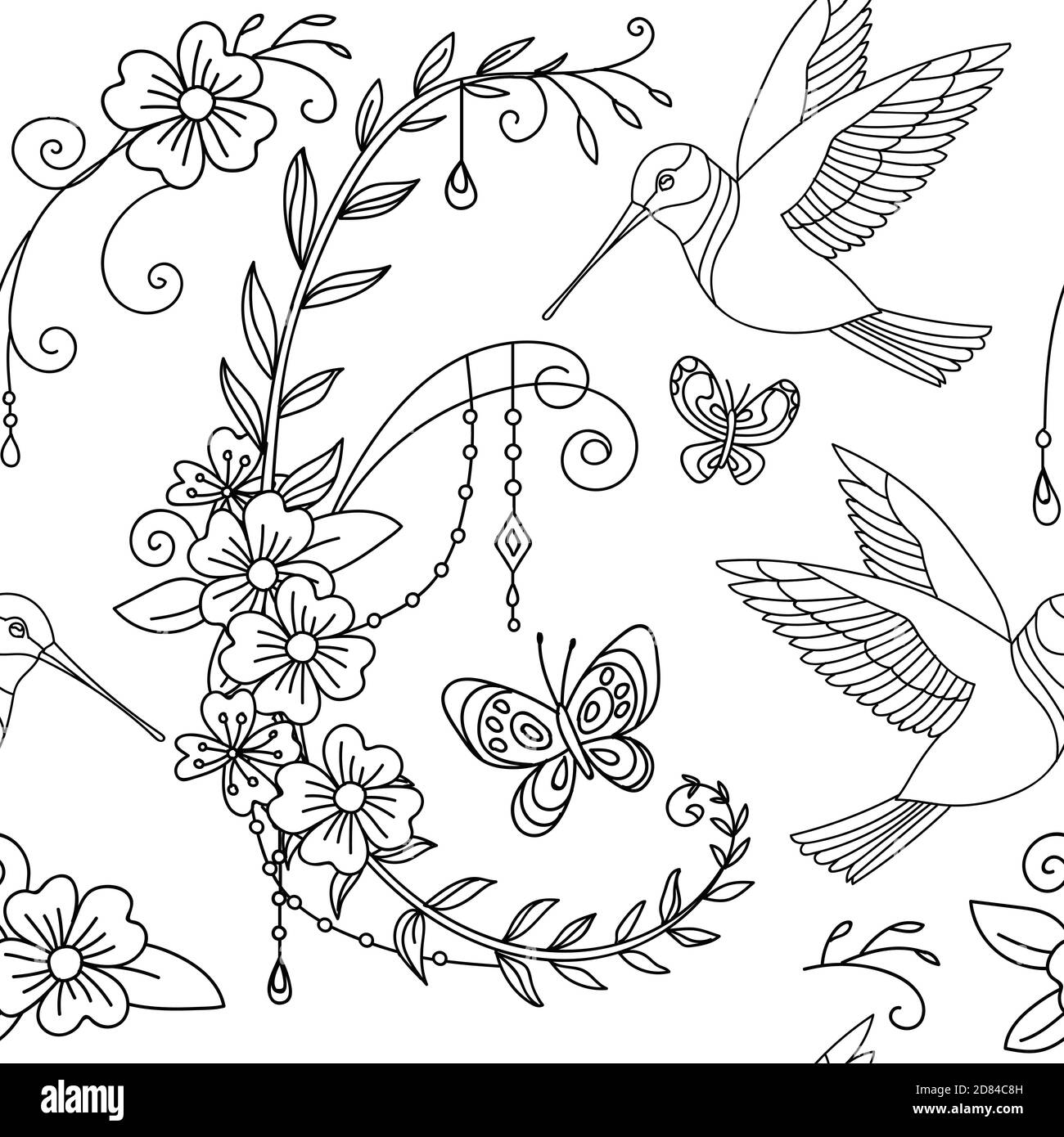 Seamless pattern with garden flowers, colibri bird and butterflies. Monochrome background for creating textiles, wallpaper, paper, wedding invitation, Stock Vector