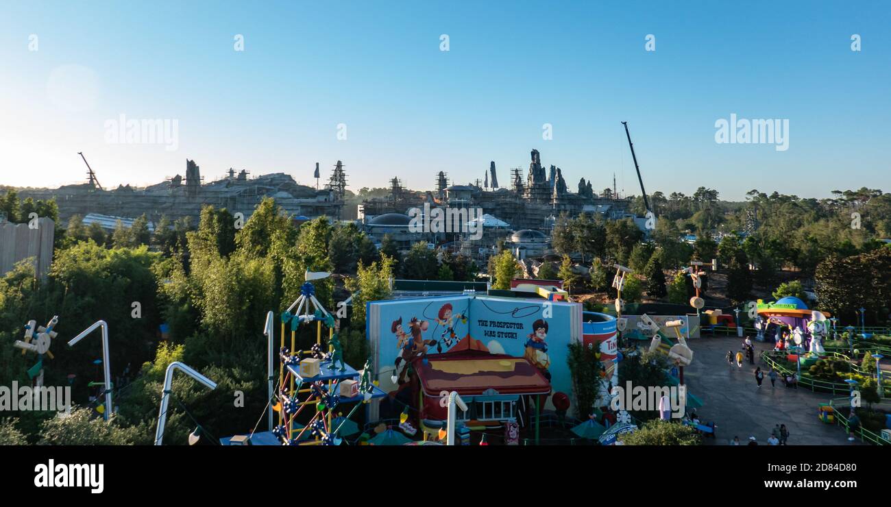 Construction of Star Wars: Galaxy's Edge beyond the borders of Toy Story Land, Disney's Hollywood Studios, Disney World Stock Photo