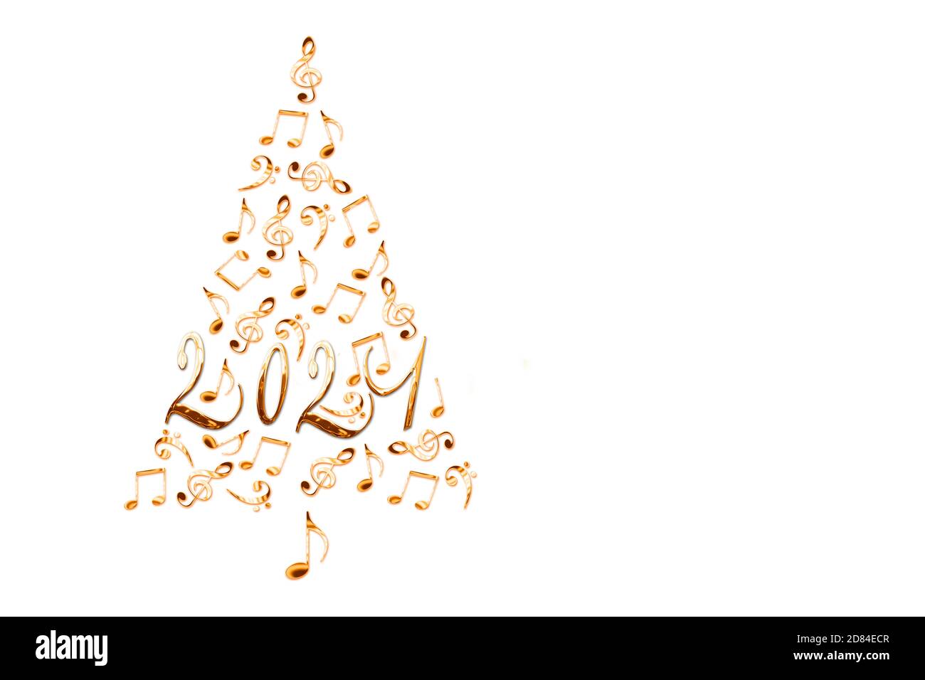 2021 christmas tree with golden metal musical notes isolated on white background, music new year greeting card Stock Photo