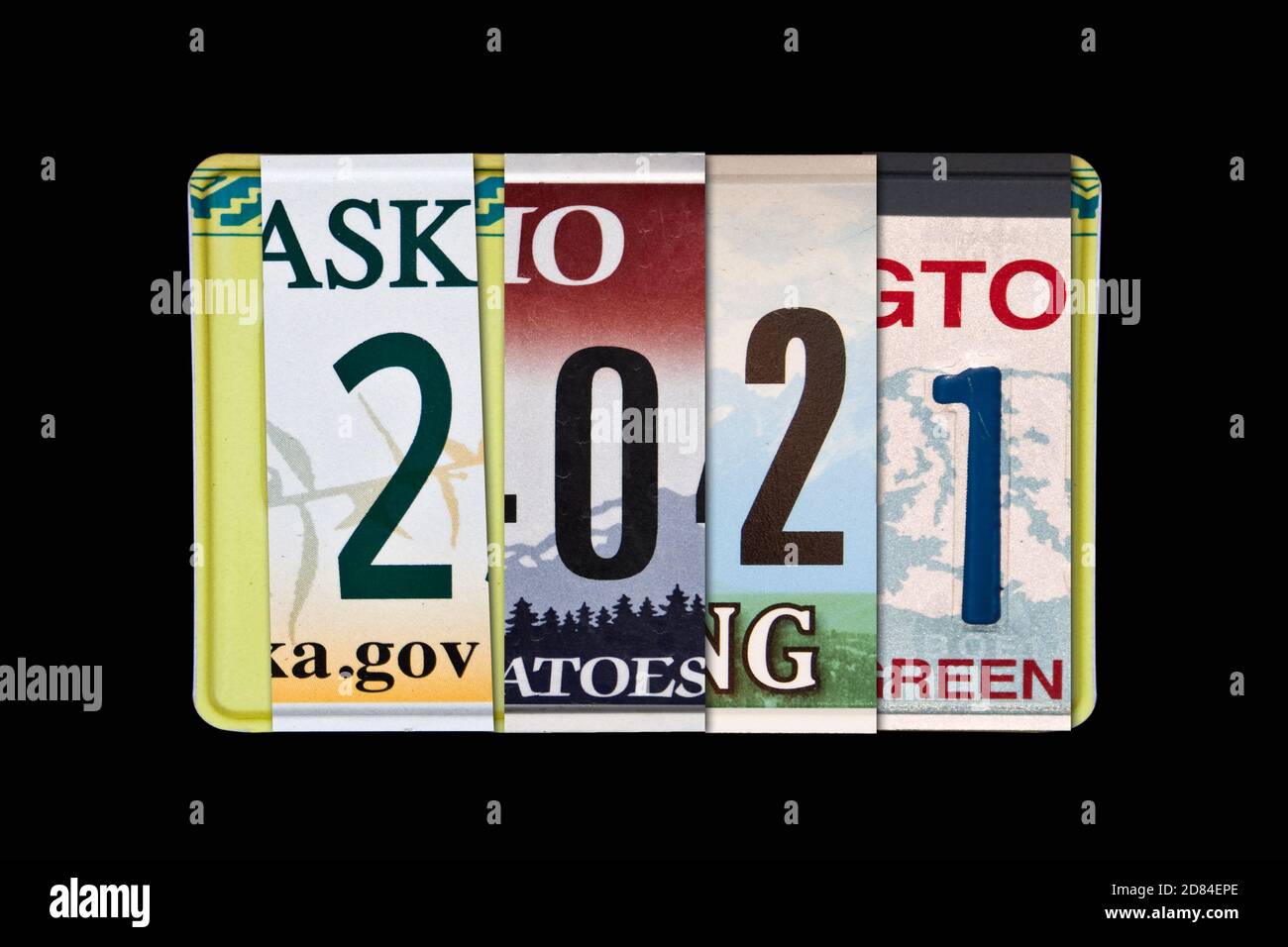 2021 writtten with US licence plates, black background Stock Photo