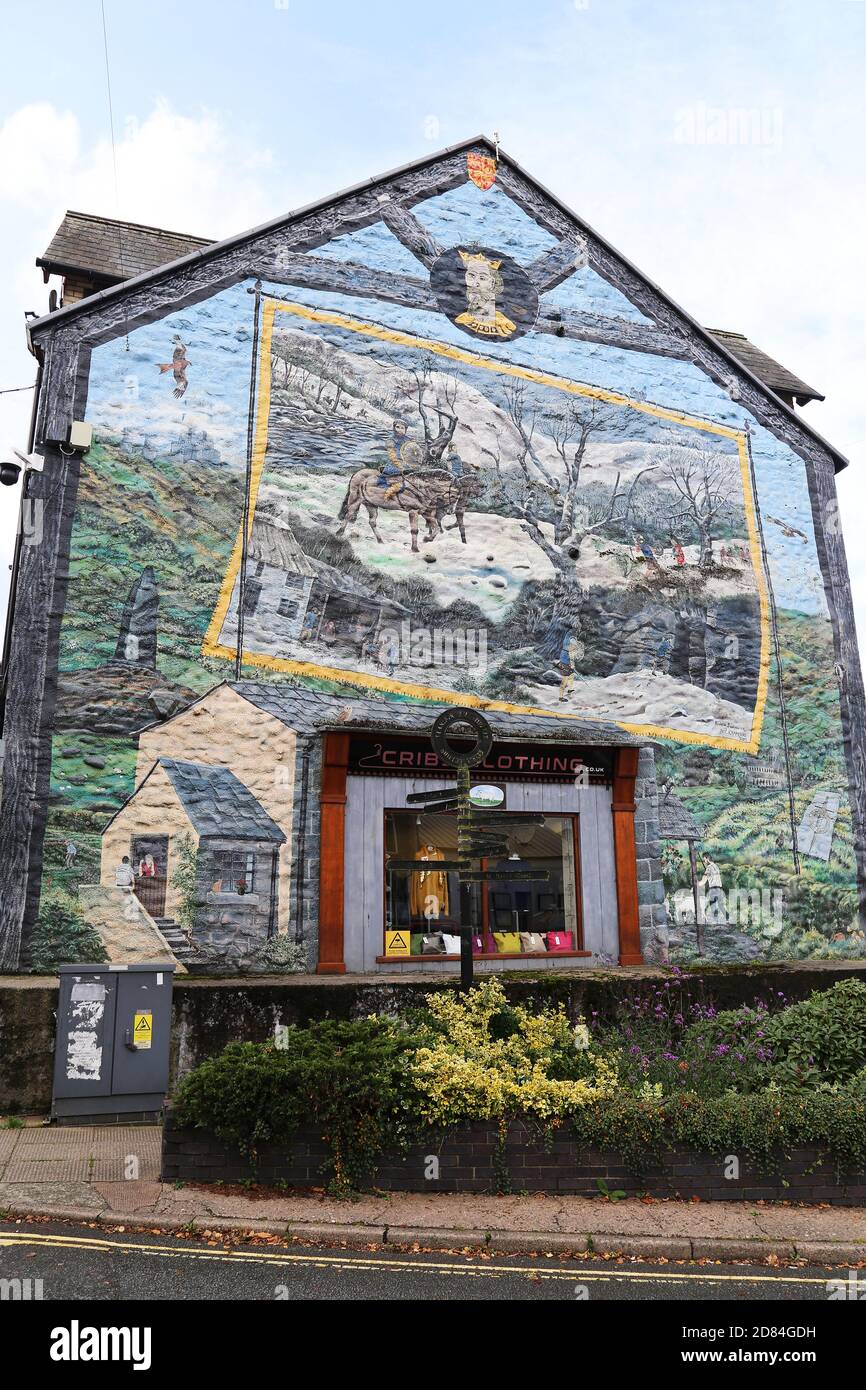 Mural depicting Llywelyn ap Gruffydd's last days, Broad Street, Builth Wells, Brecknockshire, Powys, Wales, Great Britain, United Kingdom, UK, Europe Stock Photo