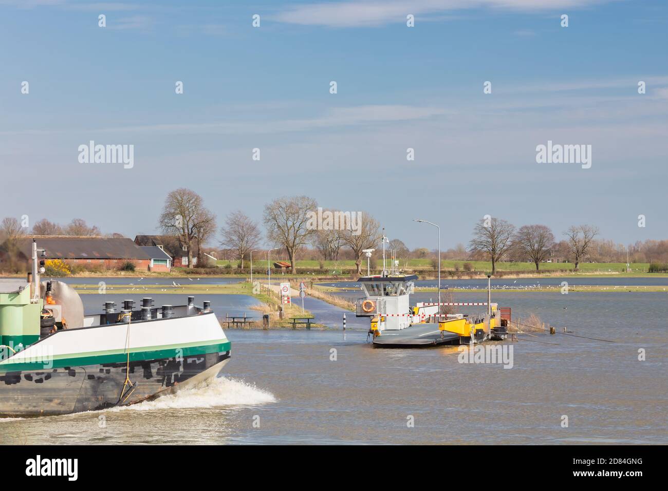 Cargo ship passing a ferry on the Dutch flooded river IJssel in the province of Gelderland Stock Photo