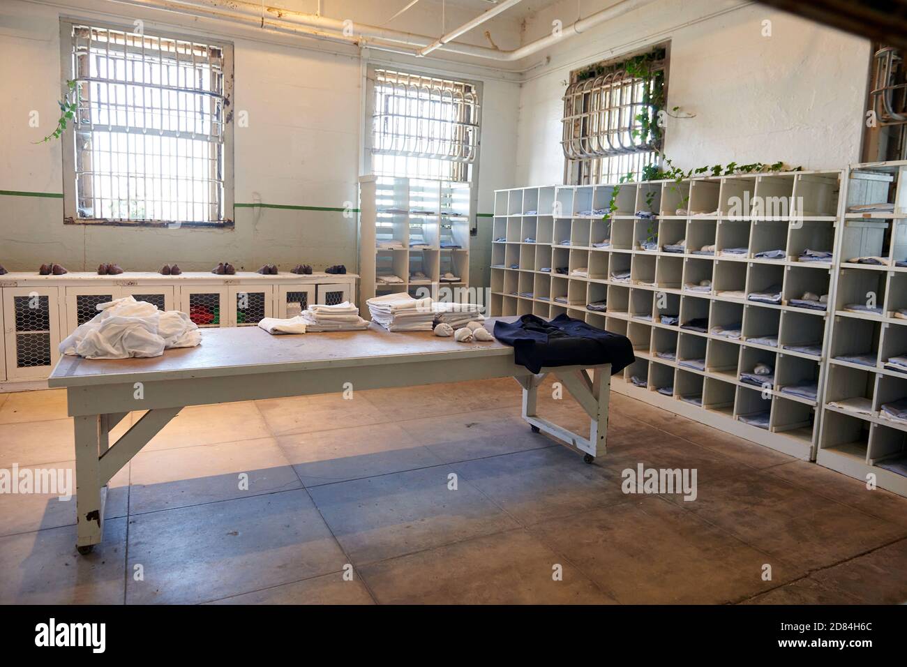 Uniform Room at Alcatraz Prison, San Francisco, California, USA Stock Photo