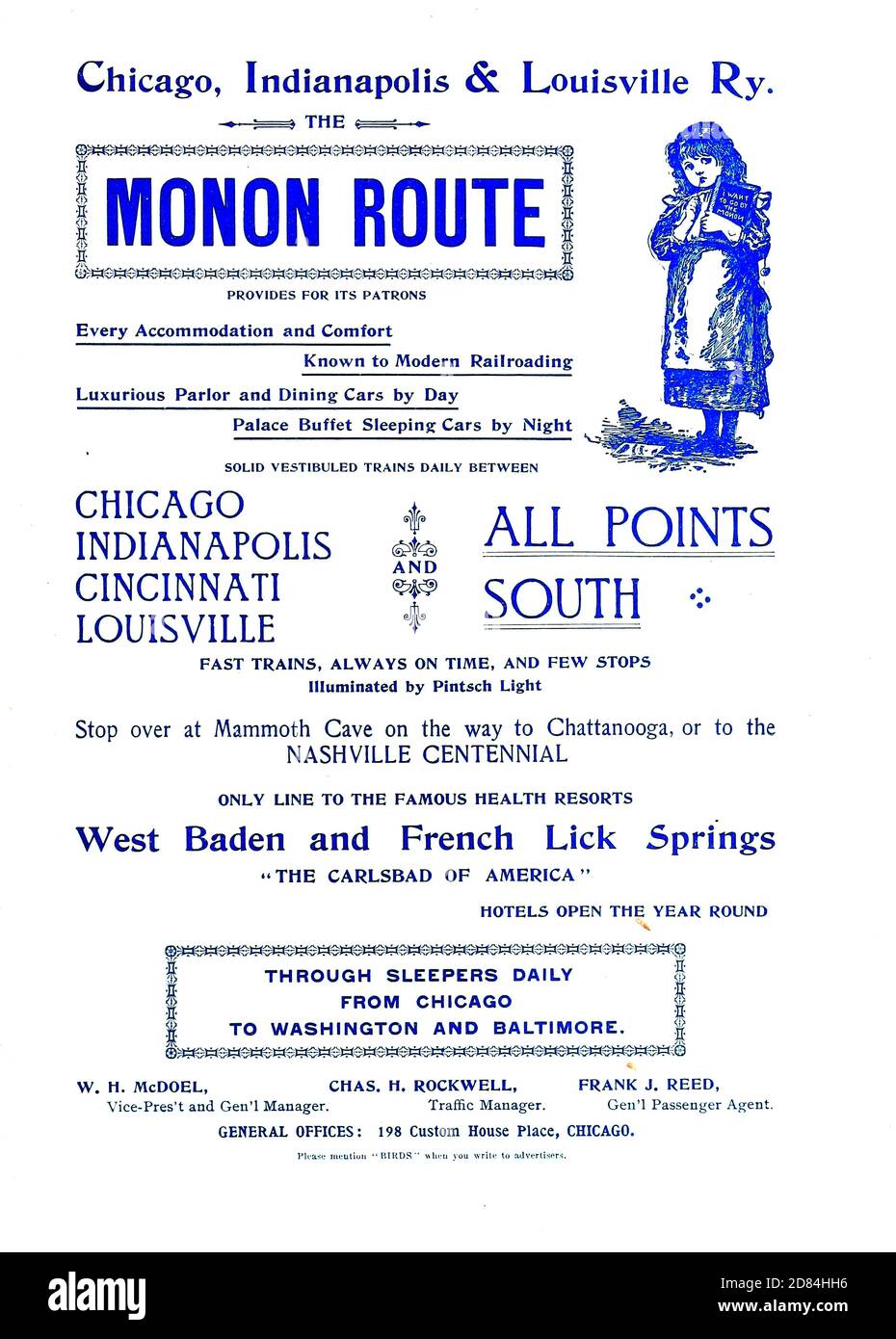 Ad for Monon route 1897 Appeared in a monthly magazine called 'Birds : illustrated by color photography' a monthly serial. Knowledge of Bird-life in 1897. The Monon Railroad (reporting mark MON), also known as the Chicago, Indianapolis, and Louisville Railway (reporting mark CIL) from 1897 to 1956, was an American railroad that operated almost entirely within the state of Indiana. Stock Photo