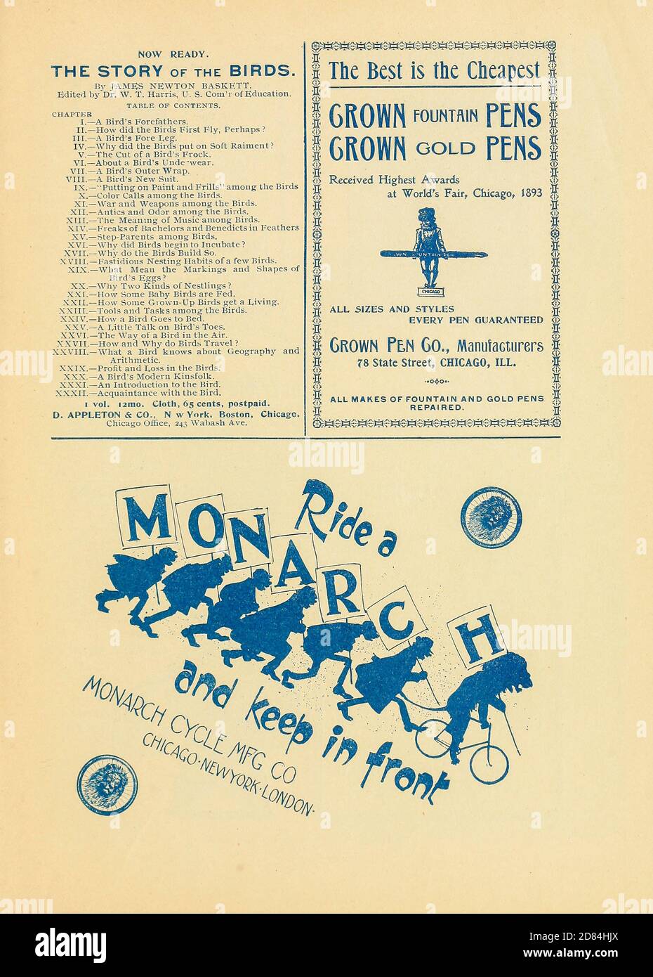 Ride a Monarch Ad by the Monarch cycling Mfg Co. Appeared in a monthly magazine called 'Birds : illustrated by color photography' a monthly serial. Knowledge of Bird-life in 1897. Stock Photo