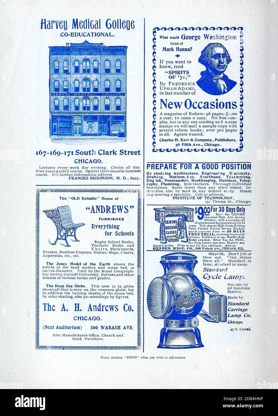 Harvey Medical Collage and Cycling lamps Ads Appeared in a monthly magazine called 'Birds : illustrated by color photography' a monthly serial. Knowledge of Bird-life in 1897. Stock Photo