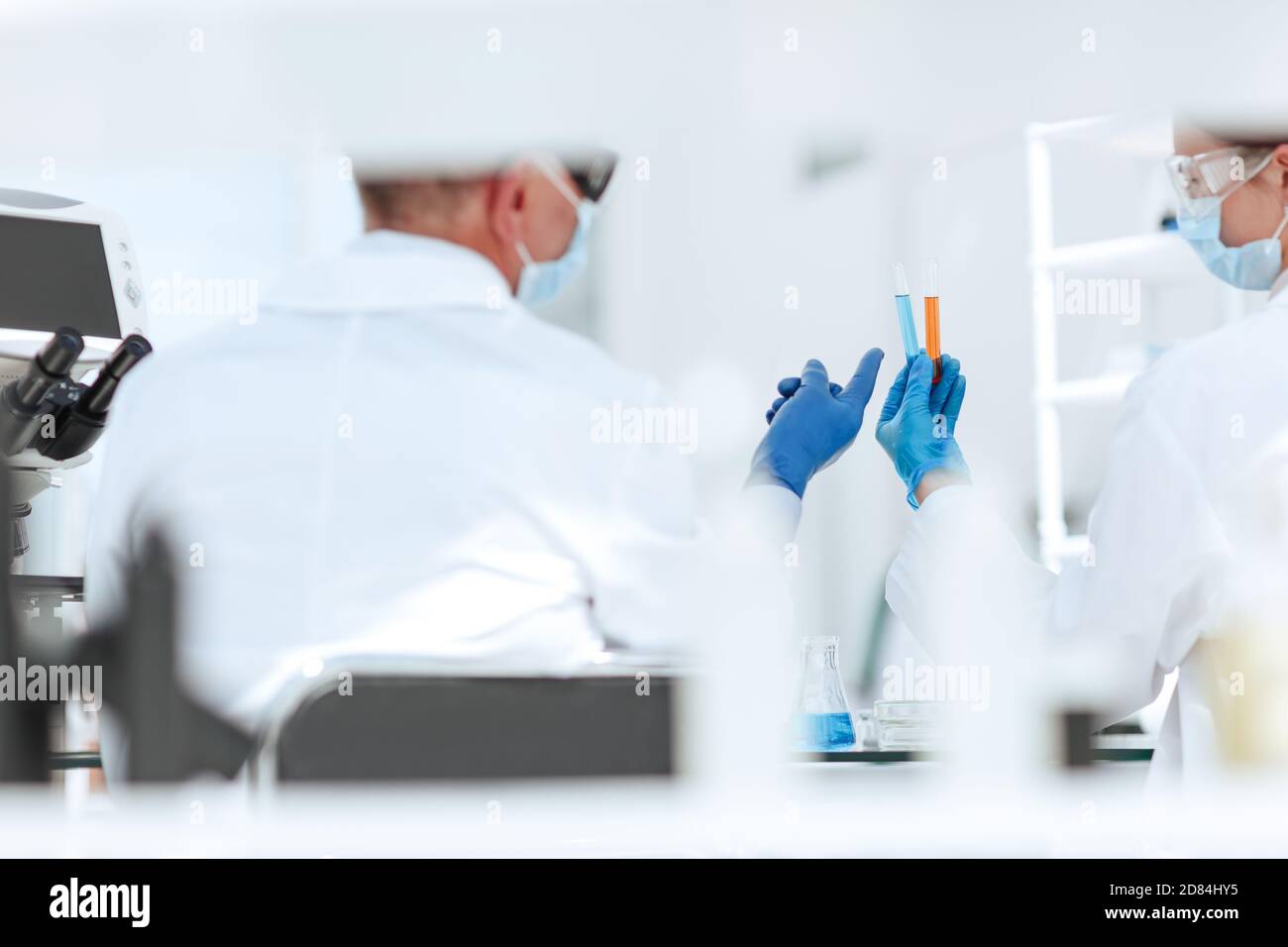rear view . Microbiology scientists discussing the liquid in test tubes. Stock Photo