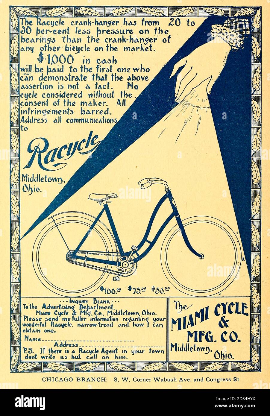Ad for Racycle Bicycles Manufactured by the Miami Cycling and MFG and Co. from Middletown Ohio. Appeared in a monthly magazine called 'Birds : illustrated by color photography' a monthly serial. Knowledge of Bird-life in 1897. Stock Photo