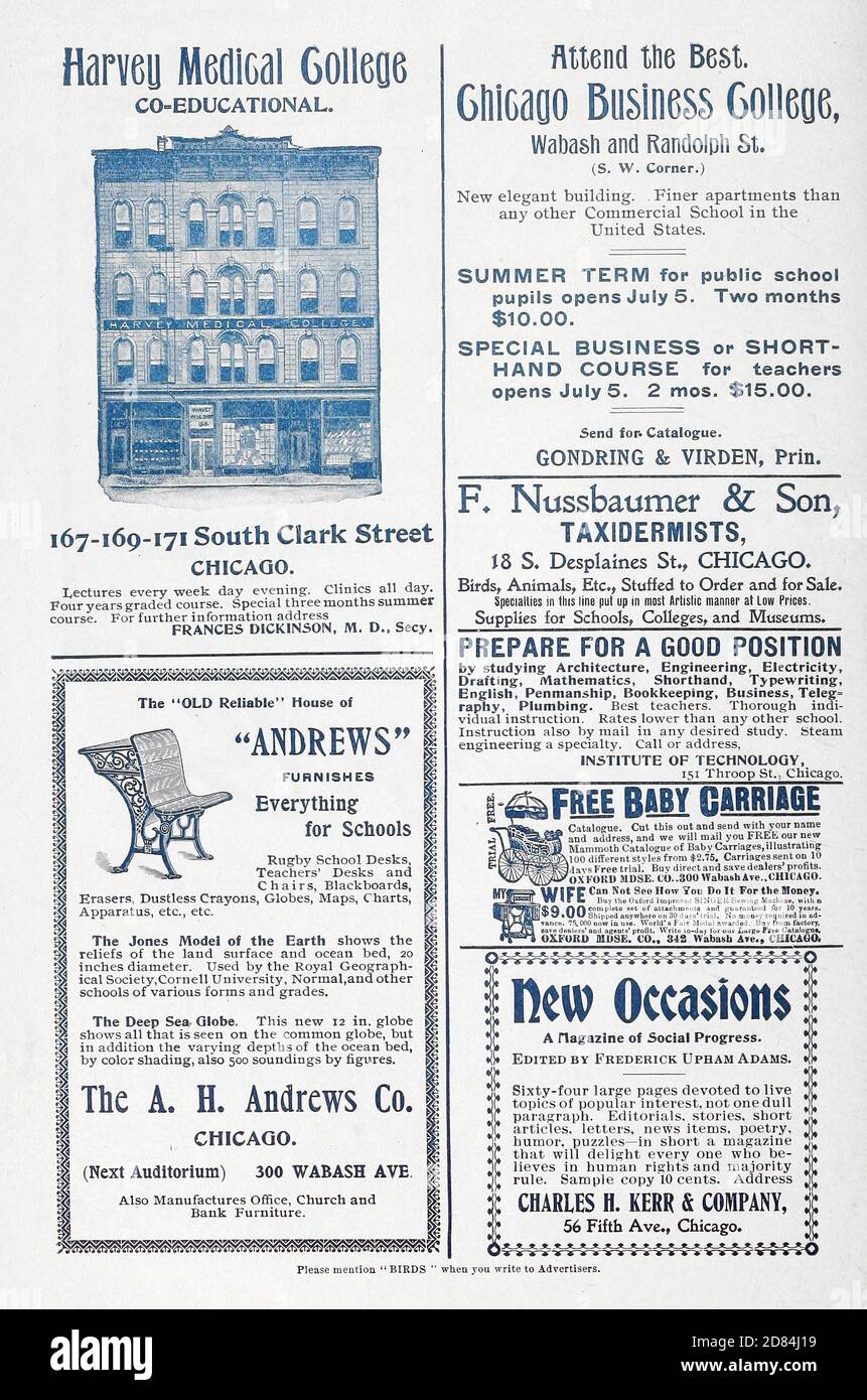Ads for Chicago Business and Harvey Medical colleges Appeared in a monthly magazine called 'Birds : illustrated by color photography' a monthly serial. Knowledge of Bird-life in 1897. Stock Photo