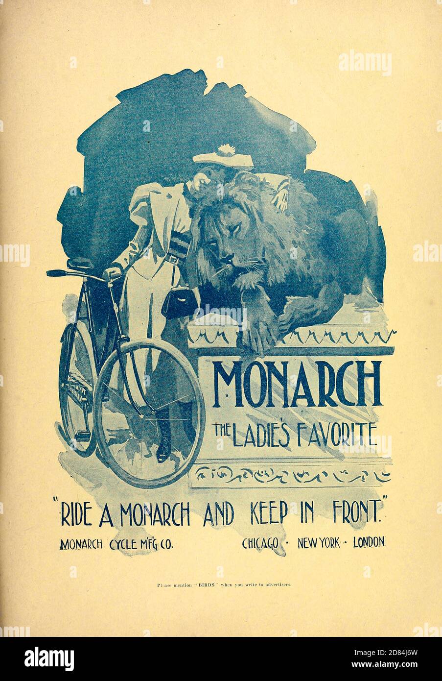 Monarch Bicycles, The Ladies favorite - Ride a Monarch and keep in front ad by the Monarch cycling Mfg Co. Appeared in a monthly magazine called 'Birds : illustrated by color photography' a monthly serial. Knowledge of Bird-life in 1897. Stock Photo