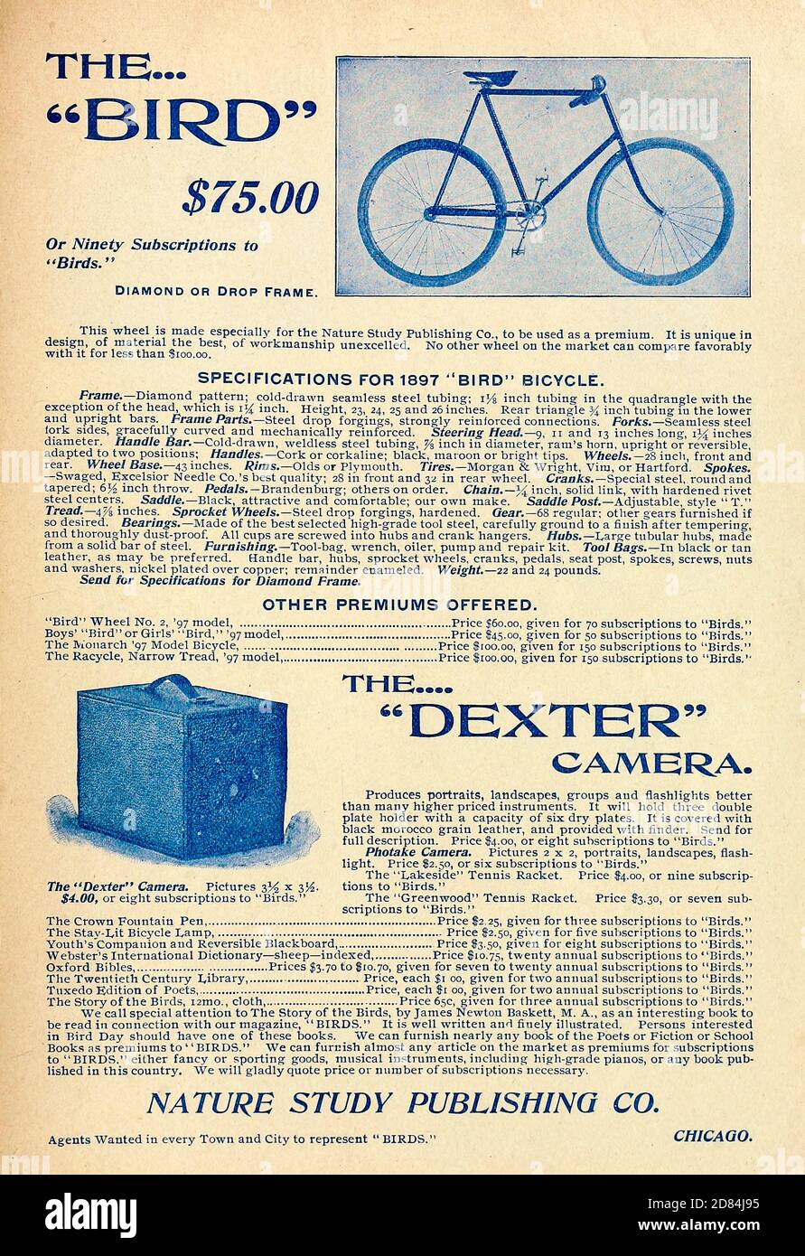 Ad for Bird Bicycle and Dexter Camera Appeared in a monthly magazine called 'Birds : illustrated by color photography' a monthly serial. Knowledge of Bird-life in 1897. Stock Photo