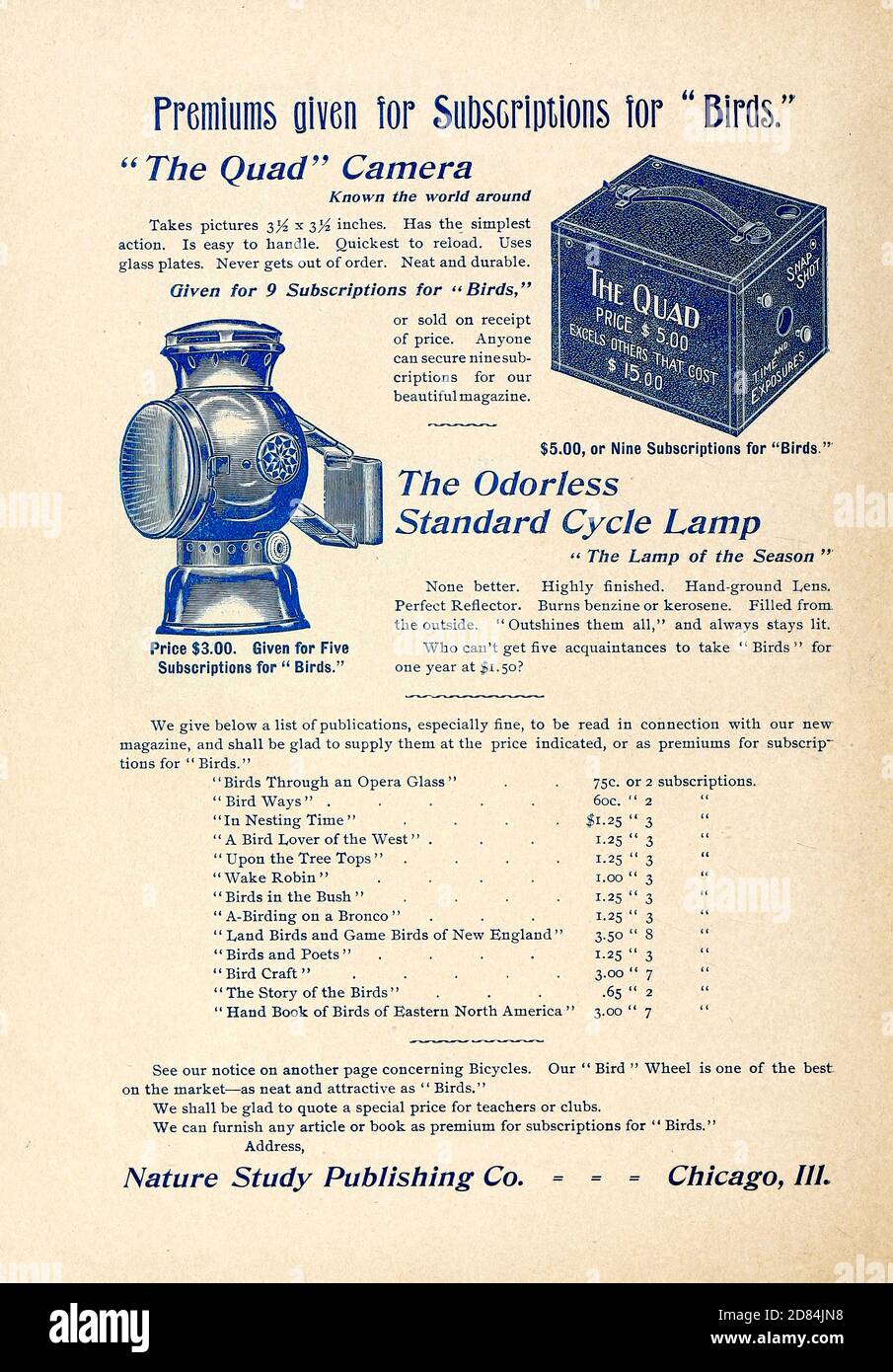 Ad for the Quad Camera or Cycle Lamp as subscription gifts Appeared in a monthly magazine called 'Birds : illustrated by color photography' a monthly serial. Knowledge of Bird-life in 1897. Stock Photo