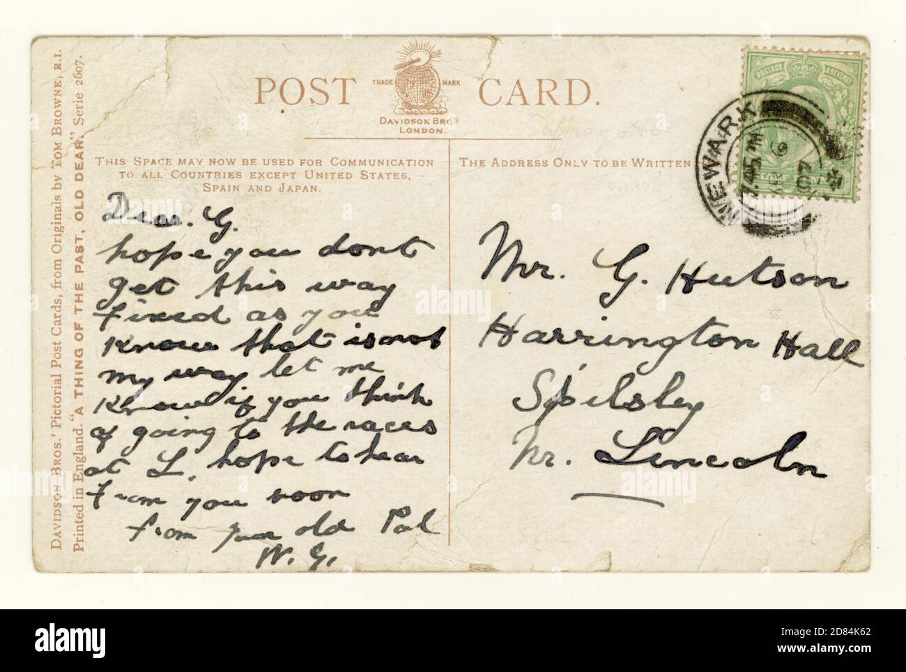 Reverse of Edwardian postcard posted in 1907 Stock Photo