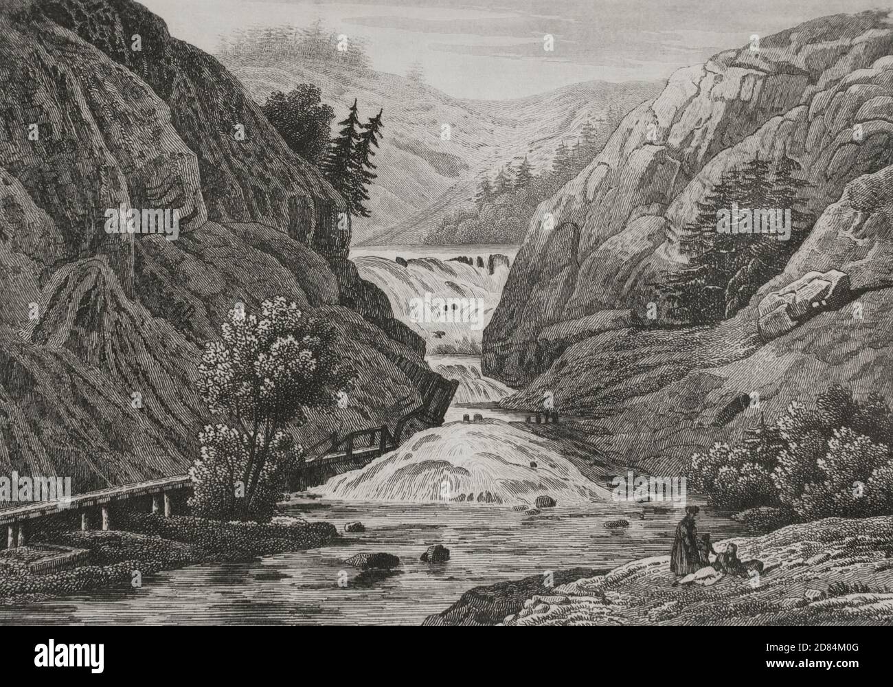 United States of America. Waterfalls at Mount Ida. Engraving by Milbert. Panorama Universal. History of the United States of America, from 1st edition of Jean B.G. Roux de Rochelle's Etats-Unis d'Amérique in 1837. Spanish edition, printed in Barcelona, 1850. Stock Photo
