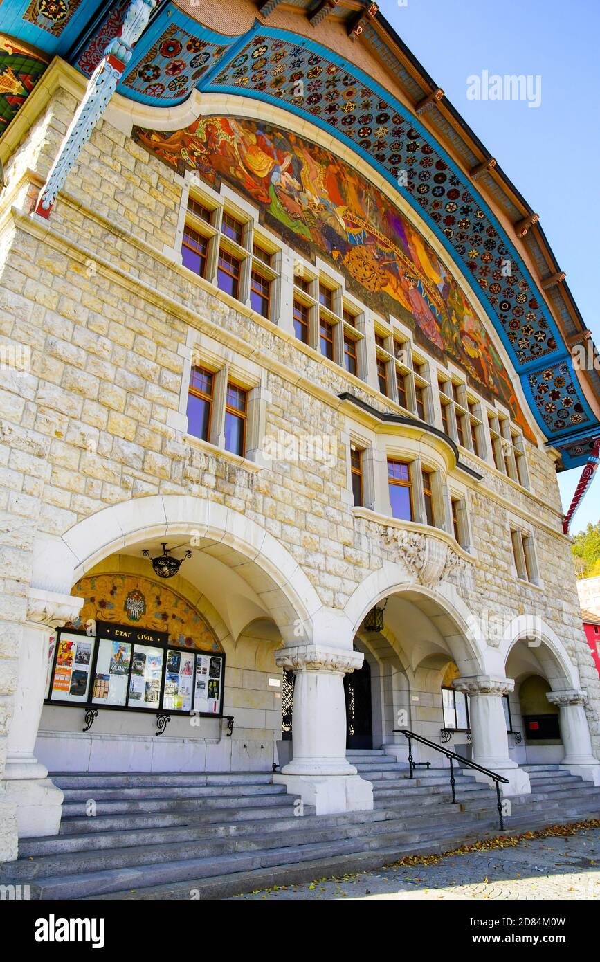 View of Art Nouveau Guild Hall in Le Locle municipality. Locle District in the Canton of Neuchâtel in Switzerland. It is the third smallest city in Sw Stock Photo