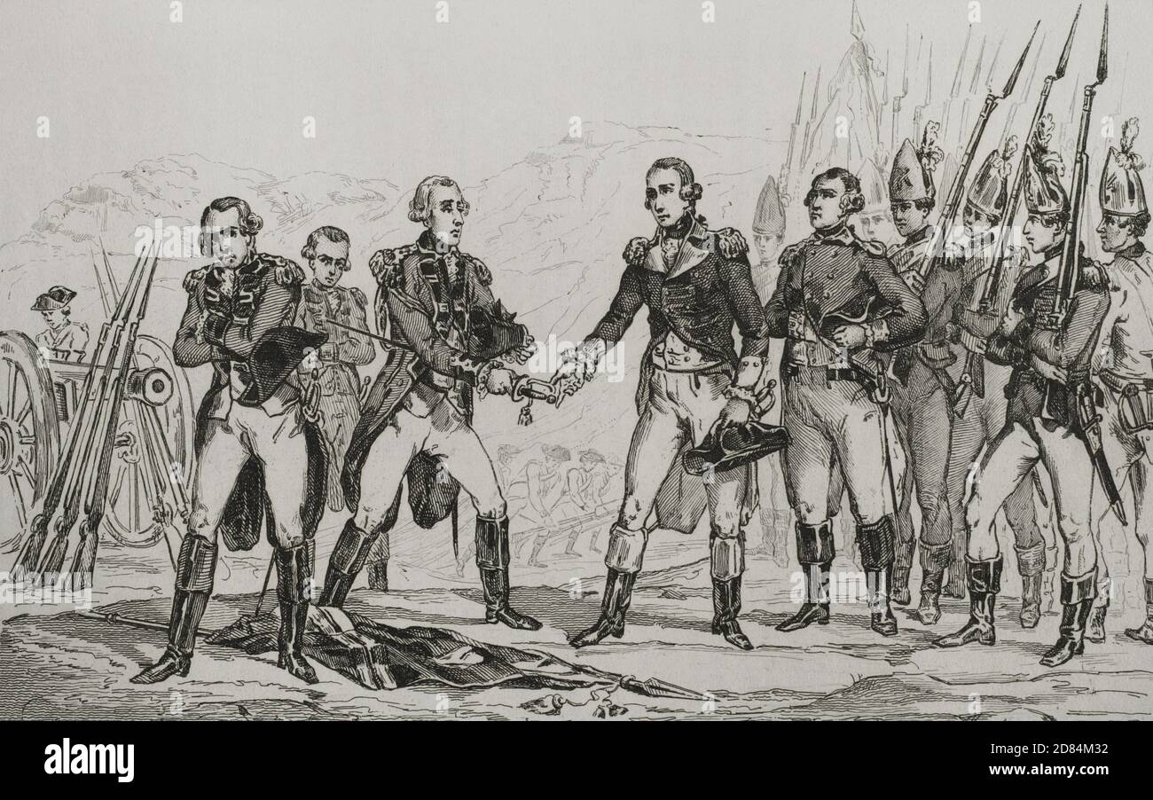 American Revolution. British General John Burgoyne's surrender after the Battlle of Saratoga on 17 October 1777. Engraving by Vernier. Panorama Universal. History of the United States of America, from 1st edition of Jean B.G. Roux de Rochelle's Etats-Unis d'Amérique in 1837. Spanish edition, printed in Barcelona, 1850. Stock Photo