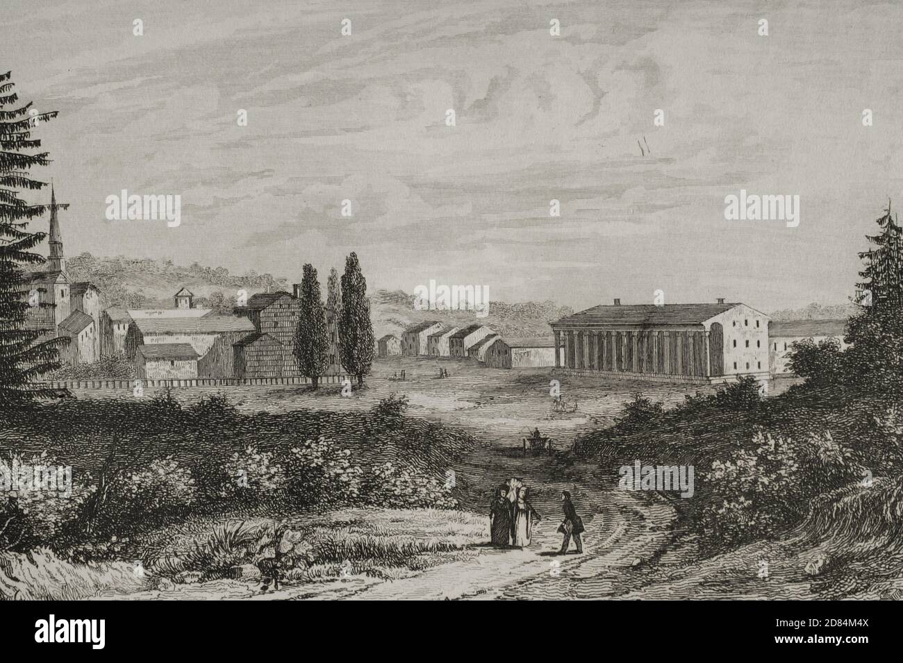 United States. View of Saratoga city. Engraving by Milbert. Panorama Universal. History of the United States of America, from 1st edition of Jean B.G. Roux de Rochelle's Etats-Unis d'Amérique in 1837. Spanish edition, printed in Barcelona, 1850. Stock Photo