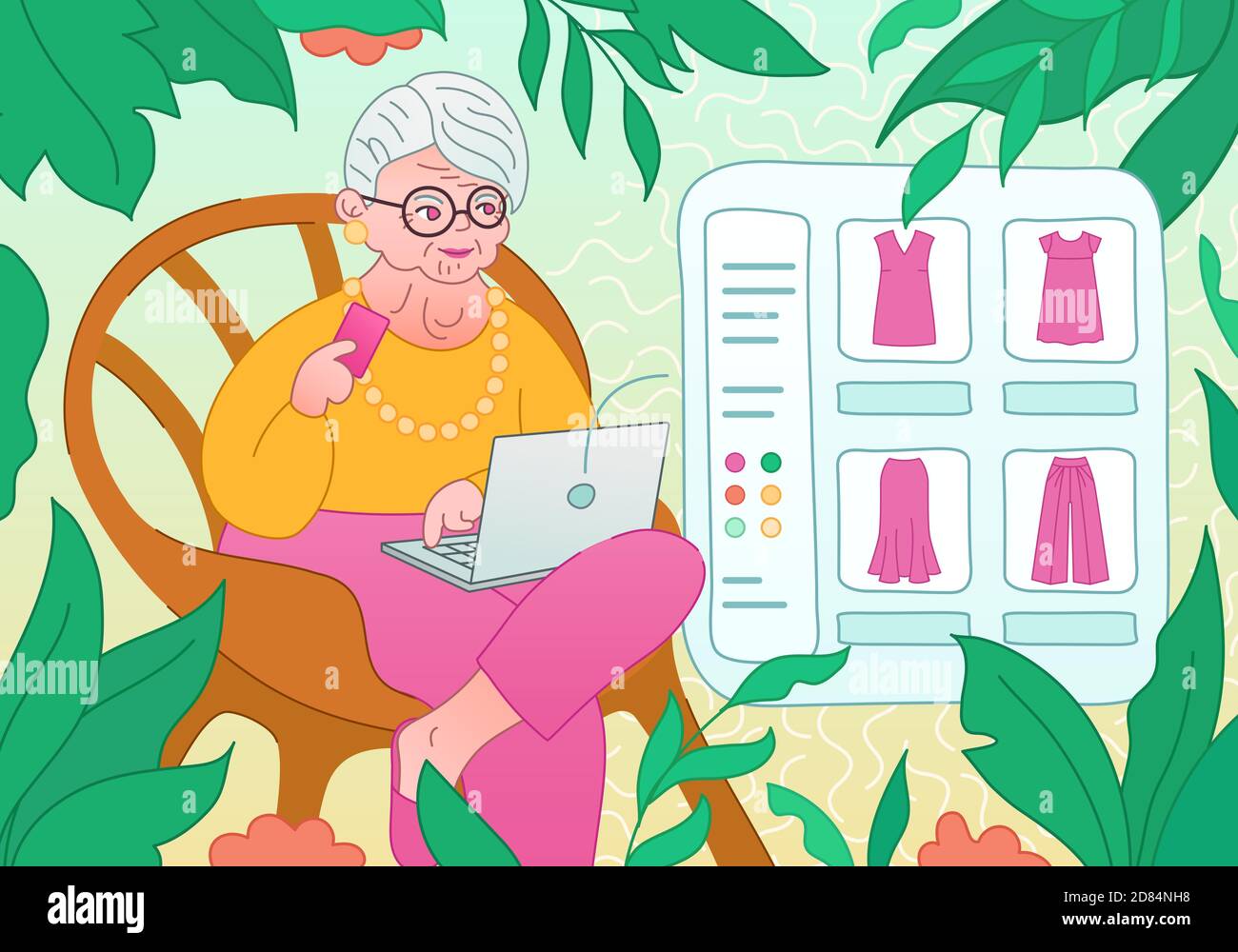 Fashionable old lady refreshes her wardrobe by laptop. Online shopping for senior women. Shopping online - Elderly customer buys clothes in internet Stock Vector