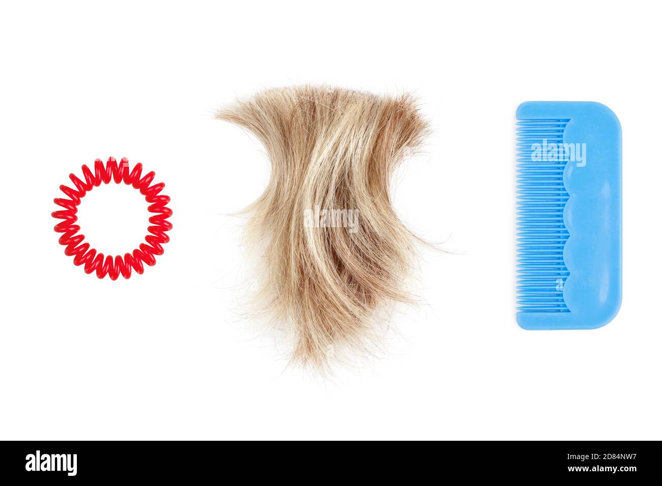 Blond lock of hair, red scrunchie, blue plastic comb white background isolated close up, cut off blonde hair curl, hair brush, spiral hair band Stock Photo
