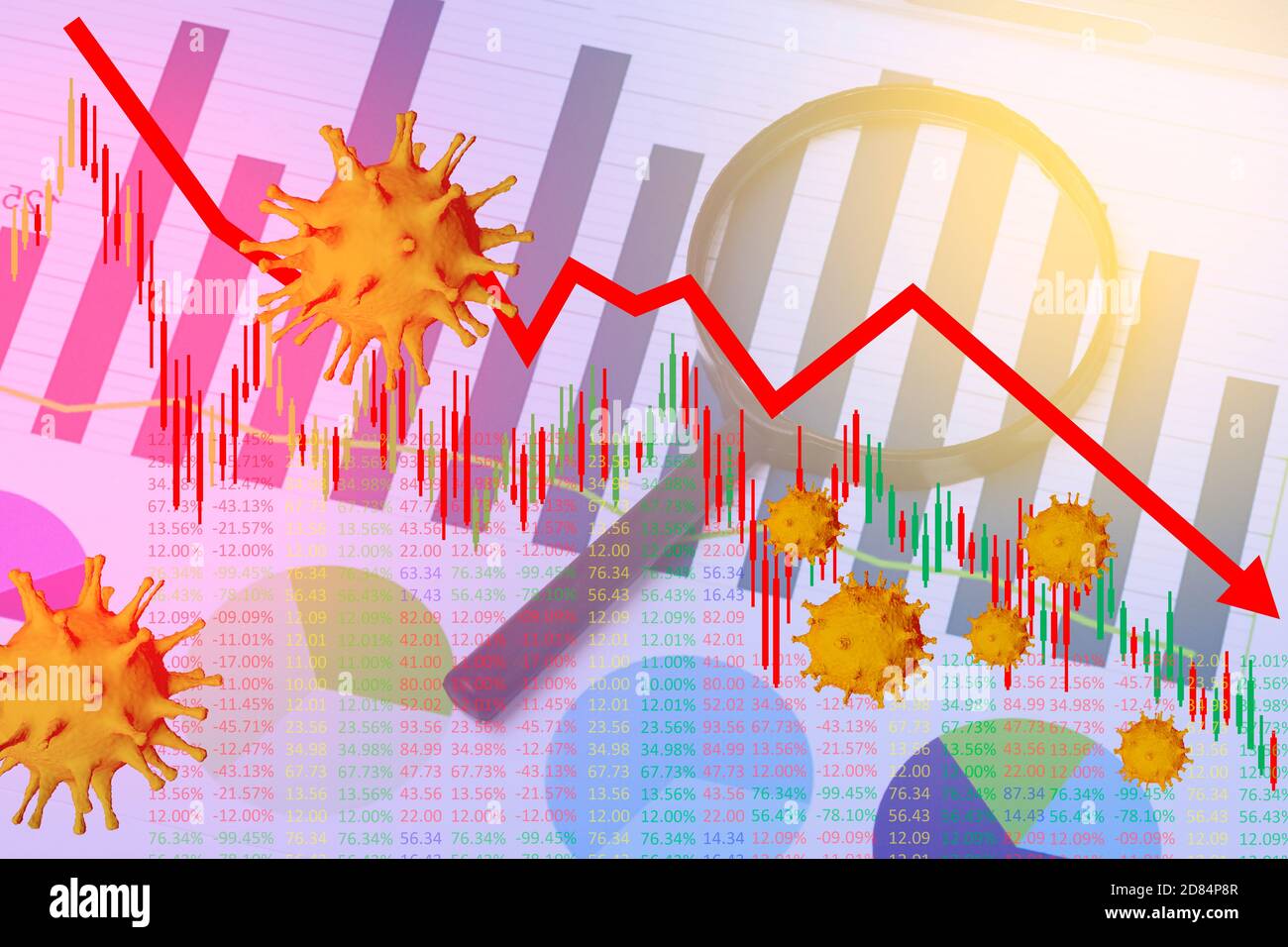 Economic crisis due to the coronavirus. Charts of the stock market crash caused by COVID-19. The impact of coronavirus on the stock exchange and the Stock Photo