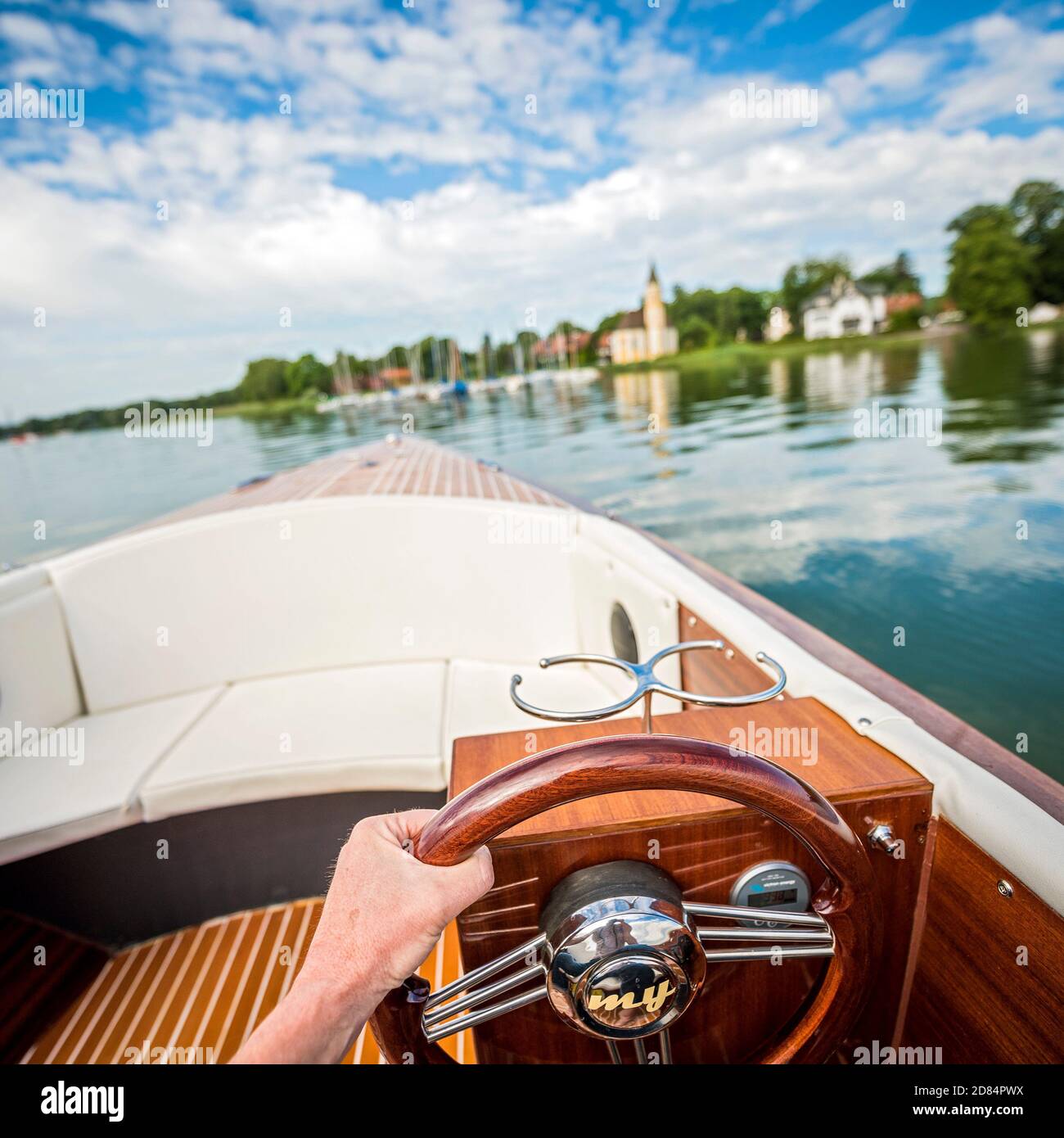 Electric Motorboat on Ammersee, Bavaria, Germany Stock Photo