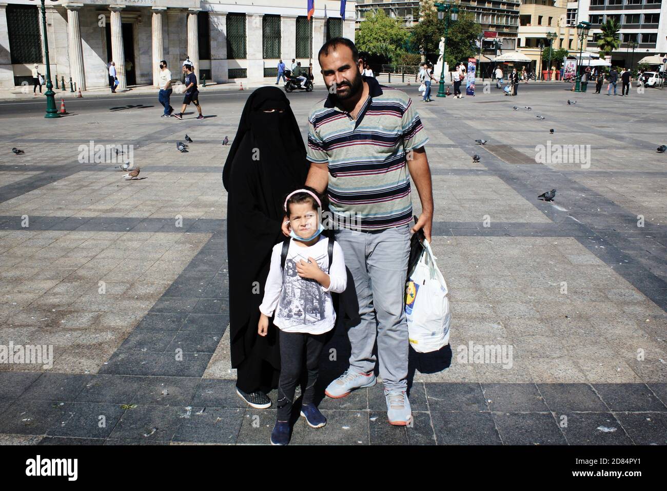 Portrait of a family of Muslim immigrants in the center of Athens, Greece, October 9 2020. Stock Photo