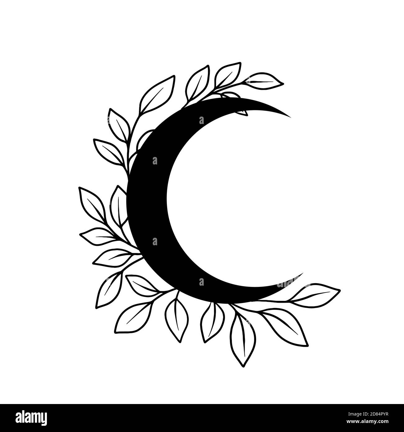 Floral moon vector frame. Tatoo doodle wreath. Boho celestial frame