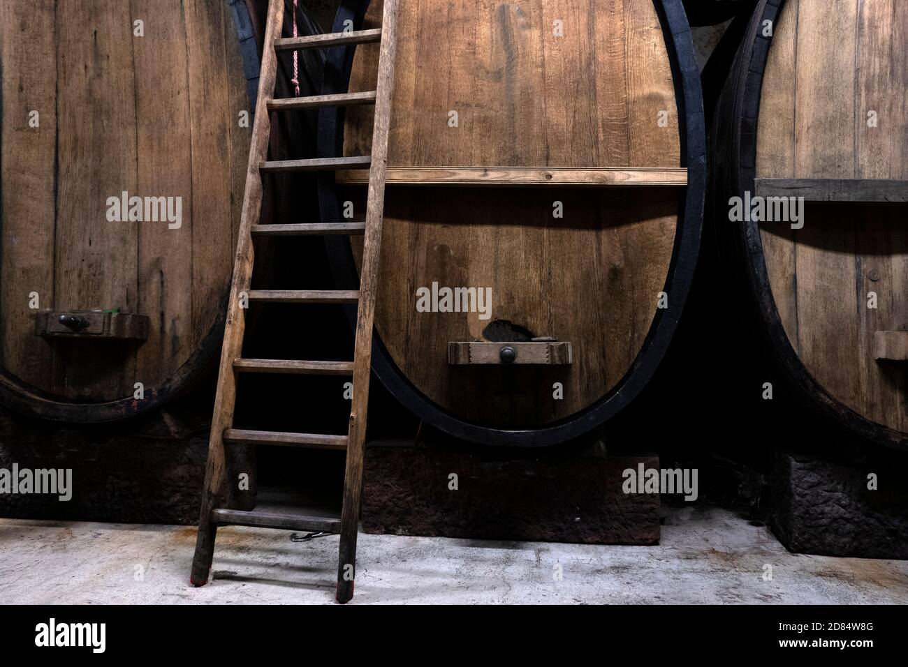 Traditional oak barrels are still very common in Europe for producing barrique wines Stock Photo
