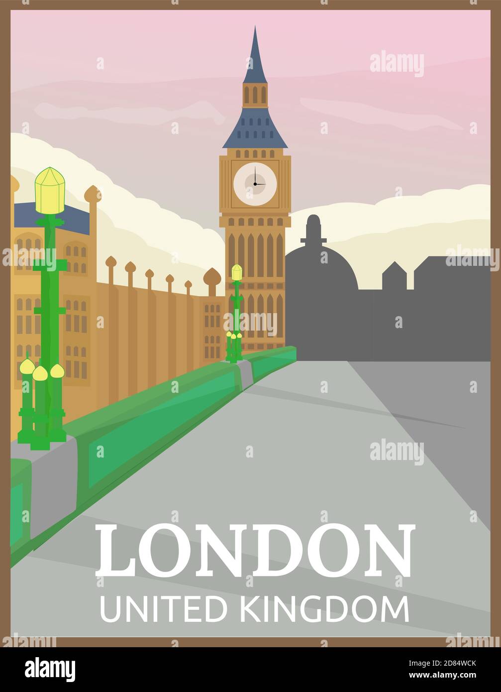 Illustration vector design of retro and vintage travel poster of big ben, london, United Kingdom Stock Vector