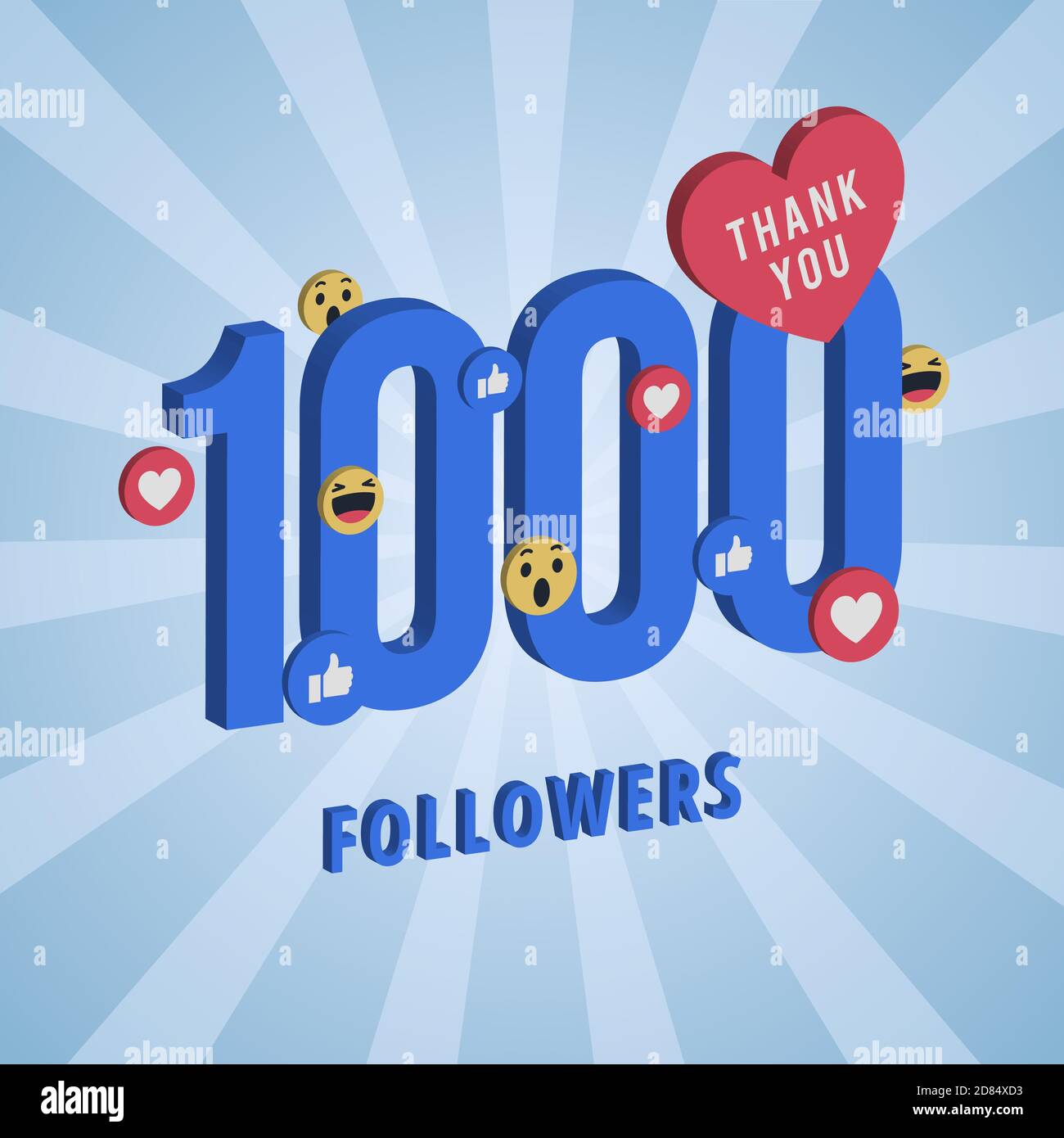 Social media banner with thank you for 1000 followers. Blue card with 3D Thank you celebrate all subscribers or followers with simple post. Stock Vector