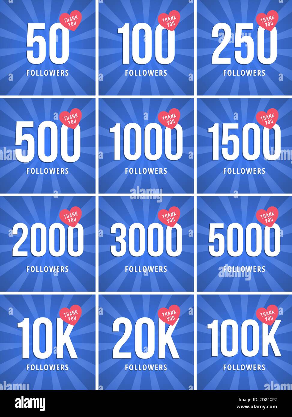 Social media banner with thank you for 50–100K followers. Blue card with Thank you celebrate all subscribers or followers with simple post. Stock Vector