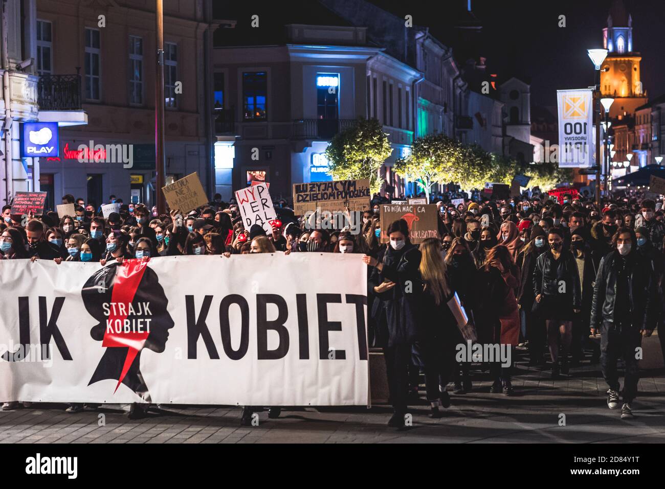 Lublin, Poland - October 23, 2020: People in city centre during protest organized by Strajk Kobiet against abortion ban in Poland Stock Photo