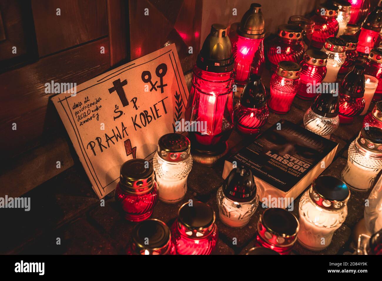 Lublin, Poland - October 23, 2020: Banner and grave candles during protest organized by Strajk Kobiet against abortion ban in Poland Stock Photo