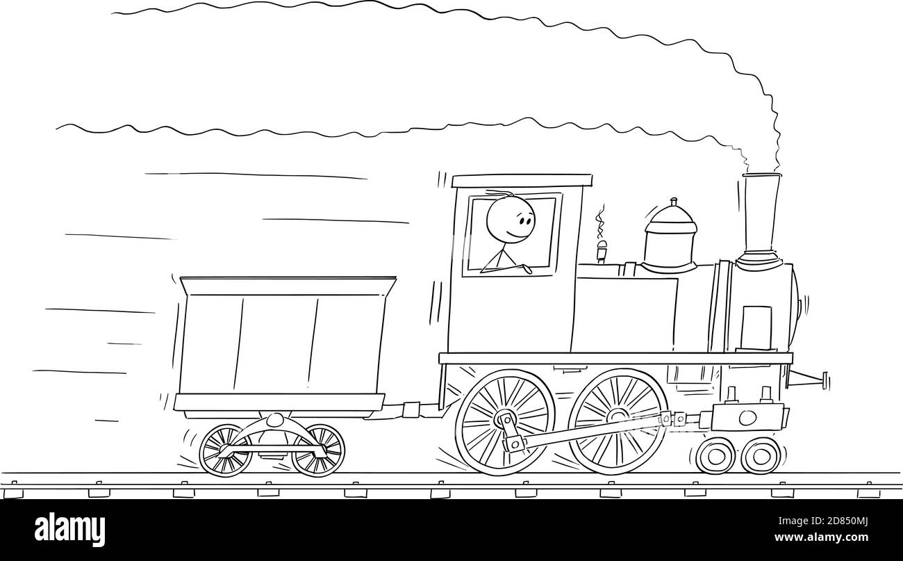 Vector cartoon stick figure illustration of man or engineer driving steam train engine or locomotive running on railroad track. Stock Vector