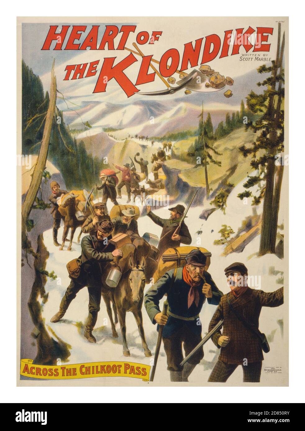 Vintage 1890's lithograph Poster USA 'Heart of the Klondike' written by Scott Marble. by Strobridge & Co. Lithograph Date Created/Published: Cin'ti ; New York Strobridge Lith. Co., c1897. color lithograph  (poster format) Frontier & pioneer life--Yukon River Valley (Yukon and Alaska) Stock Photo