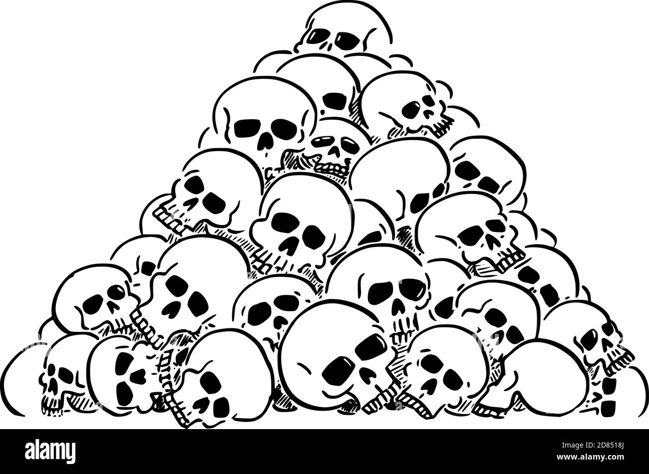 Vector cartoon illustration of heap or pile of human skulls. Concept of violence, epidemic, war or death. Stock Vector