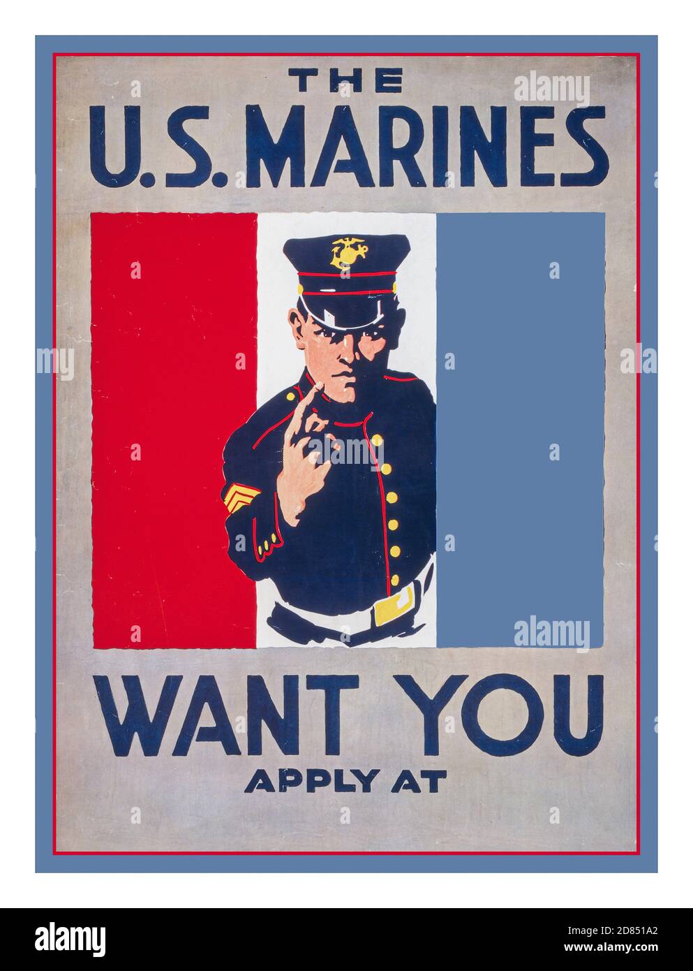 Vintage 1917 Recruiting Propaganda Poster World War 1 ‘The U.S. Marines want you'   Charles Buckles 1874-1960, artist Date Created/Published: [1917] (poster) : lithograph, color ;  Poster shows a marine beckoning to potential recruits to apply & sign up  WW1 First World War Stock Photo