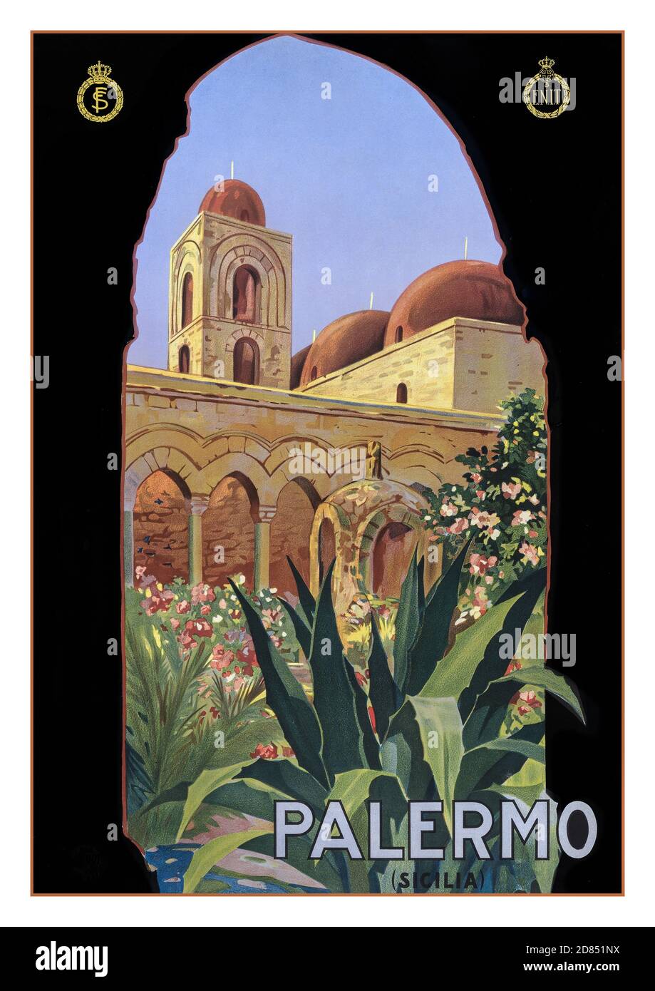Vintage Travel Poster 1920’s Palermo (Sicilia) Italy Artwork by A. Marzi, [ca. 1920] (poster) : lithograph, color ; ENIT Travel typical lush Sicily garden courtyard with archway and tower behind, in sunny blue sky conditions Stock Photo