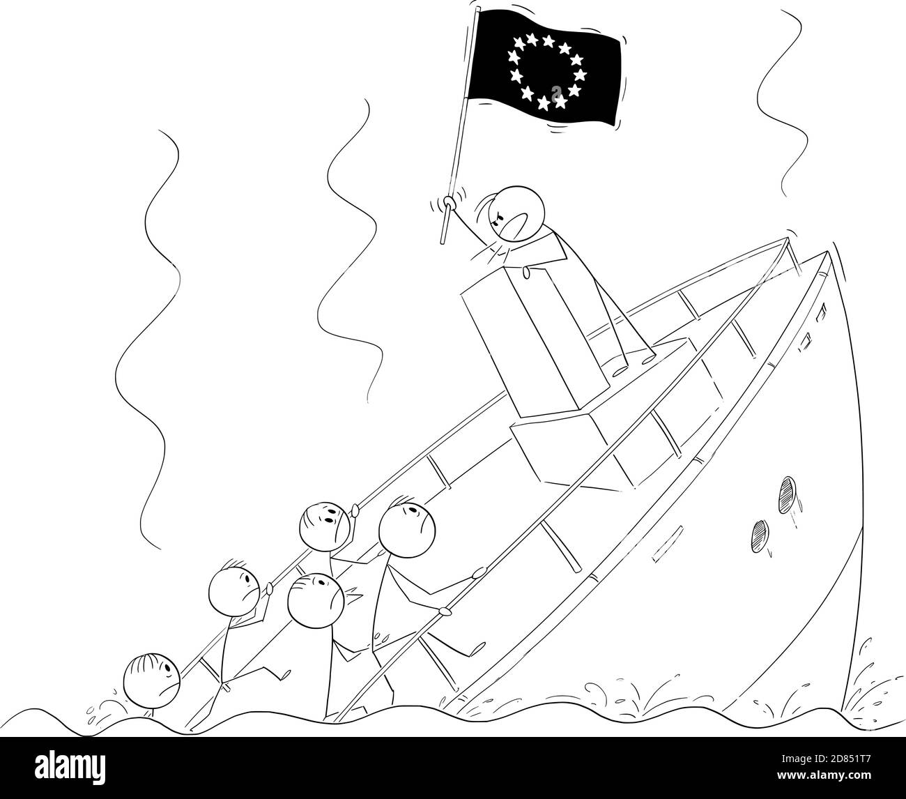 Vector cartoon stick figure illustration of politician or leader holding EU or European Union flag and talking or having speech, standing behind lectern during ship sinking ignoring the crisis and reality. Stock Vector