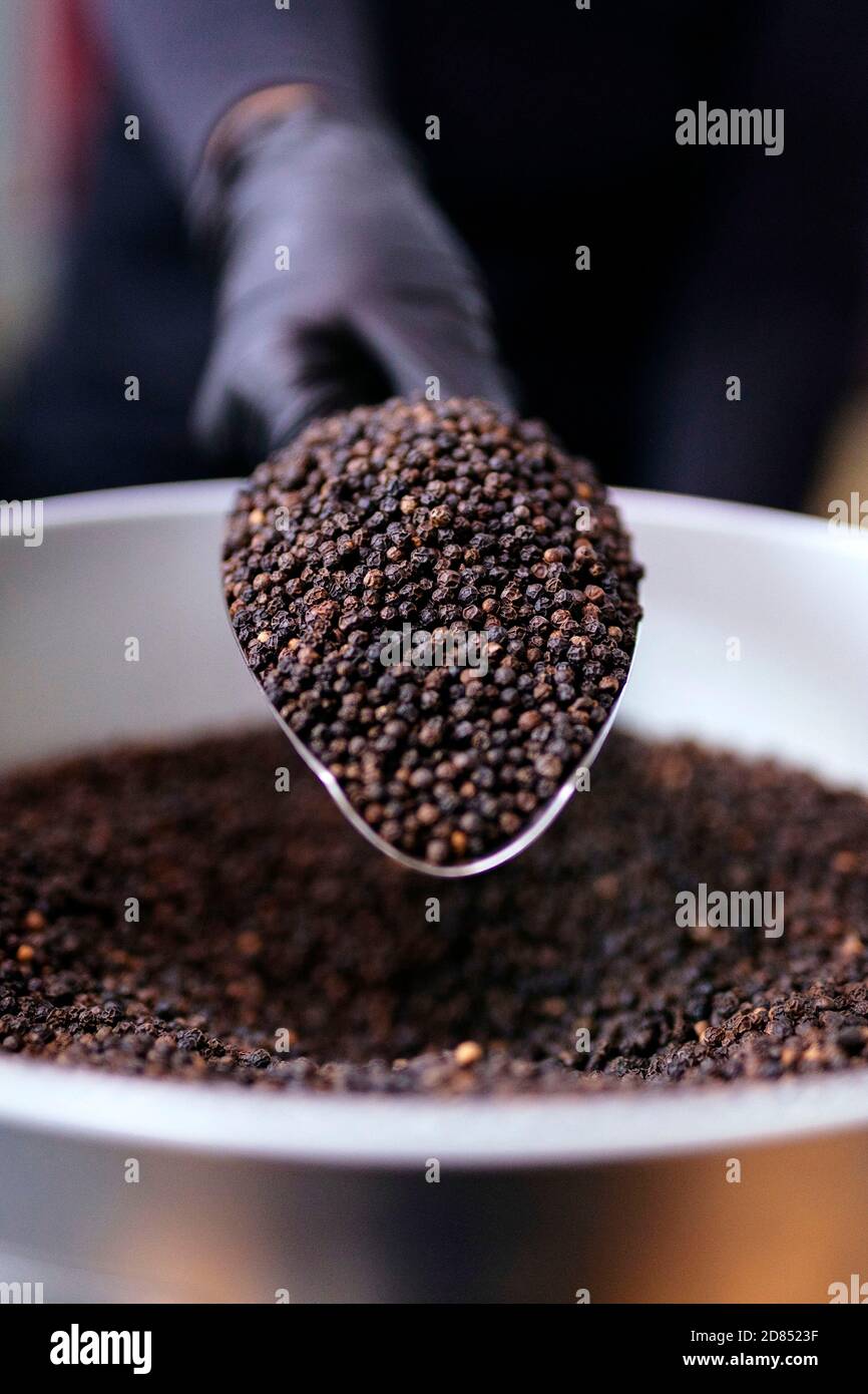 Nuremberg, Deutschland. 25th Oct, 2020. Black pepper in a storage box. According to a study by researchers at the Indian Institute of Technology, the substance piperine, which is contained in black pepper, can inhibit the effects of parts of the Sars-CoV-2 virus, which is responsible for the multiplication of the pathogen in the human body. (Subject image, symbol image) | usage worldwide Credit: dpa/Alamy Live News Stock Photo