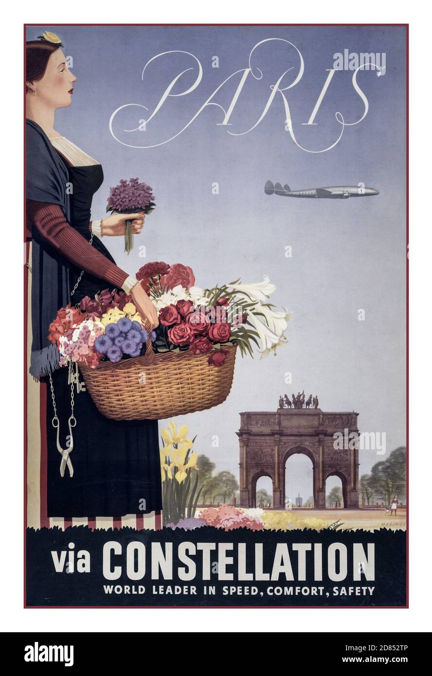 Paris Vintage Air classic Travel Poster 1950s 'Paris via Constellation