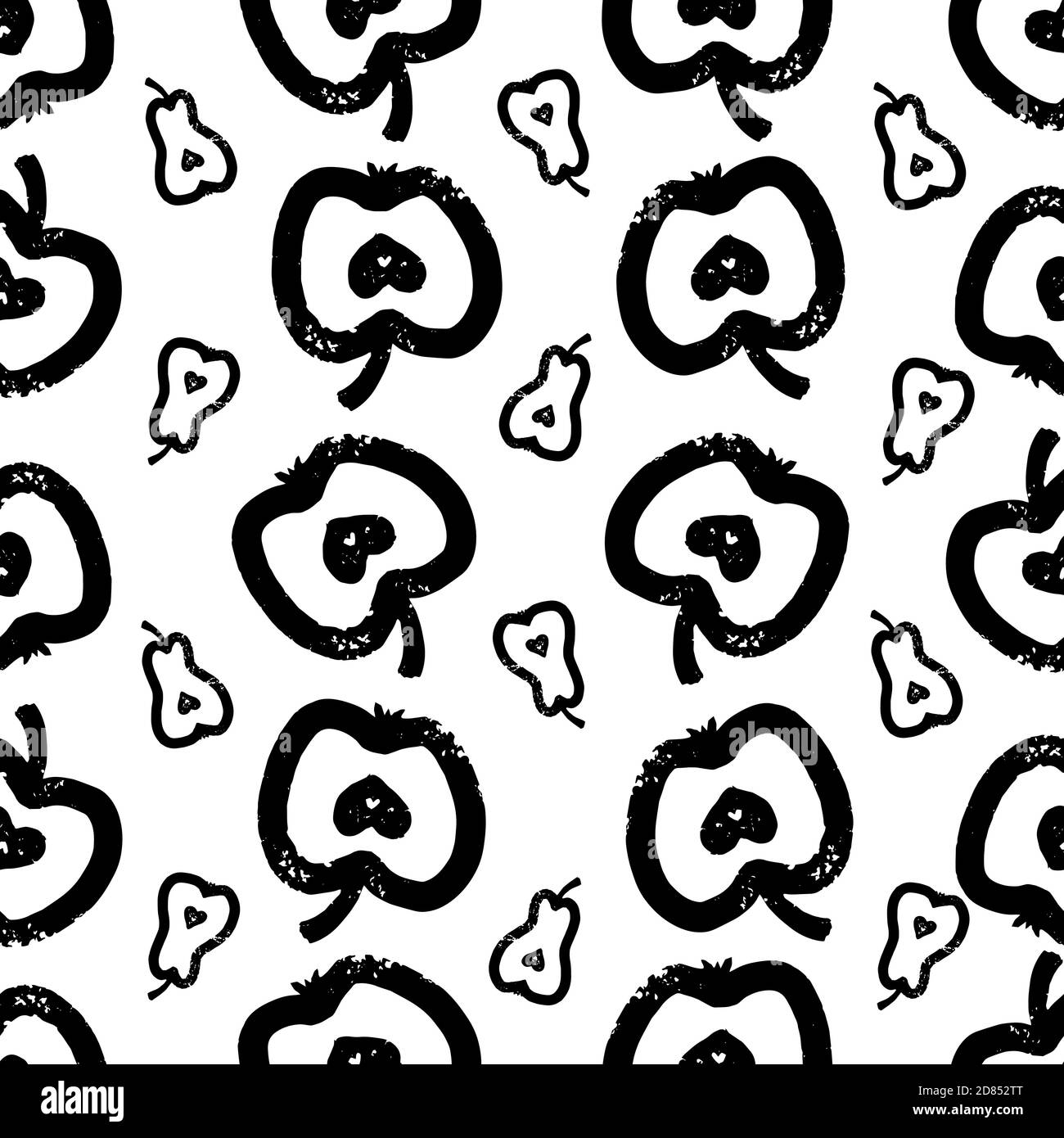 Black textured outline of apples and smaller pears seamless pattern ...