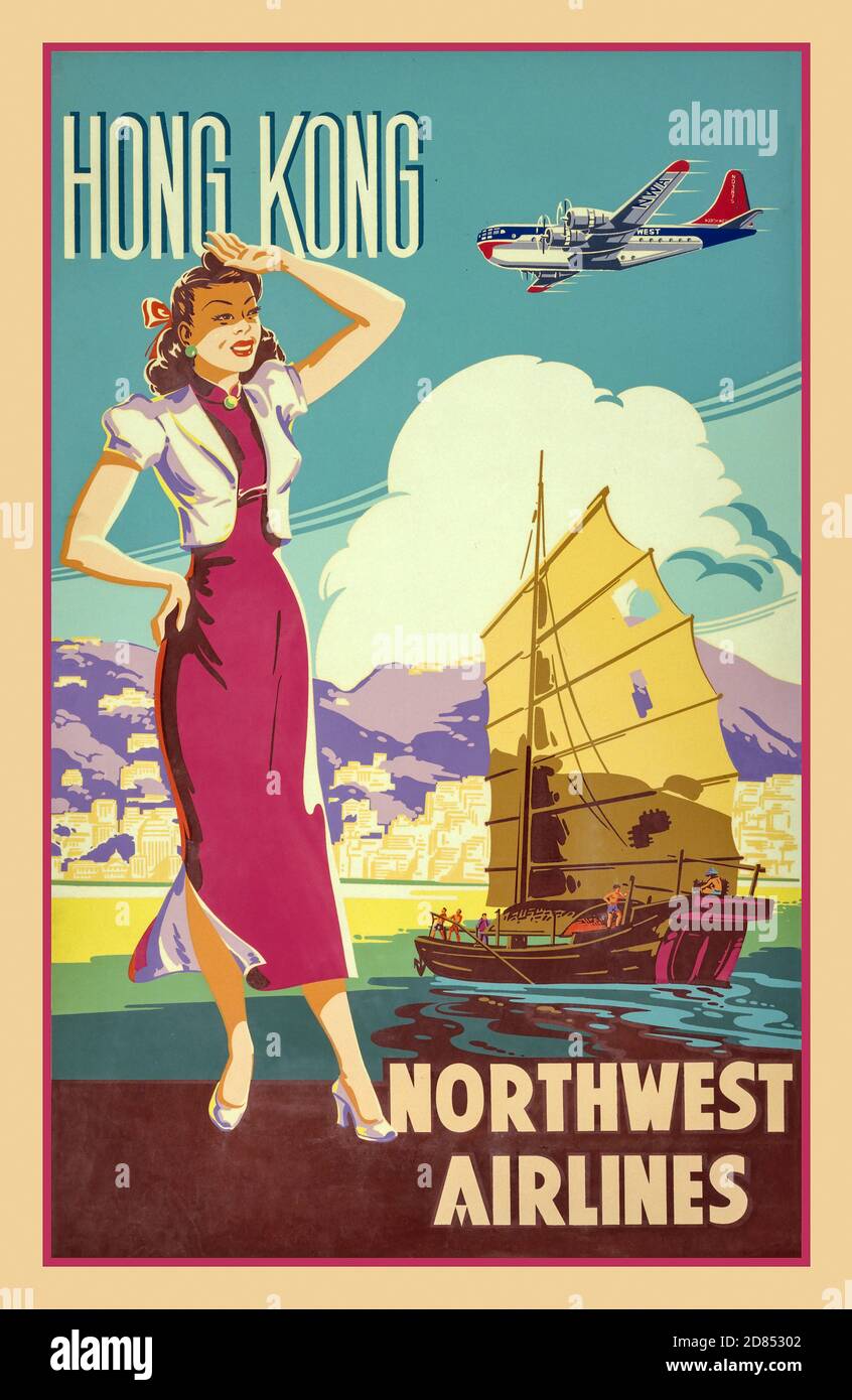 Master Art Print Vintage Airline Travel Poster c.1950s Fly Northwest Orient Airlines Washington Monument - United States Capitol D.C Washington 12in x 18in 