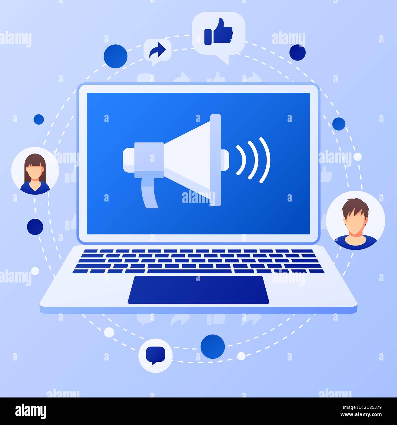 Social media marketing concept with megaphone. Public relations advertising. Flat style design with gradient. Modern vector. Stock Vector