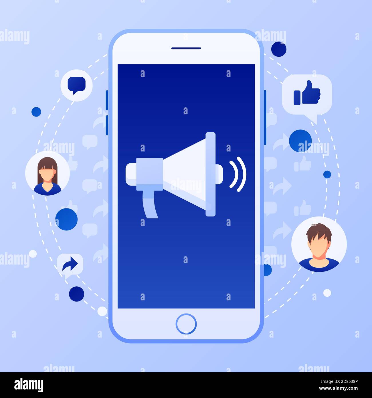 Social media marketing concept with megaphone. Public relations advertising. Flat style design with gradient. Modern vector. Stock Vector