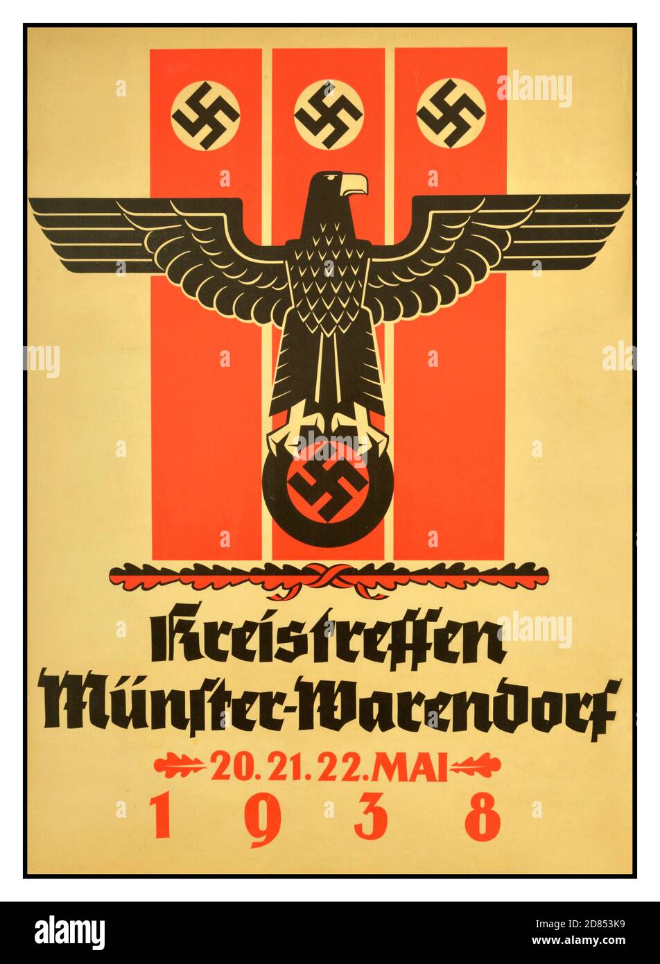 Vintage 1930's Nazi propaganda poster issued  Nazi Germany - NSDAP-Kreistreffen in Munster-Warendorf - 20- 22.05.1938 - NSDAP meeting in Munster-Warendorf. 20-22 May 1938. Image of a Nazi eagle holding a swastika. The National Socialist German Workers' Party (abbreviated in German as NSDAP), commonly referred to in English as the Nazi Party, was a far-right political party in Germany that was active between 1920 and 1945, that created and supported the ideology of National Socialism. Its precursor, the German Workers' Party (Deutsche Arbeiterpartei; DAP), existed from 1919 to 1920. Stock Photo