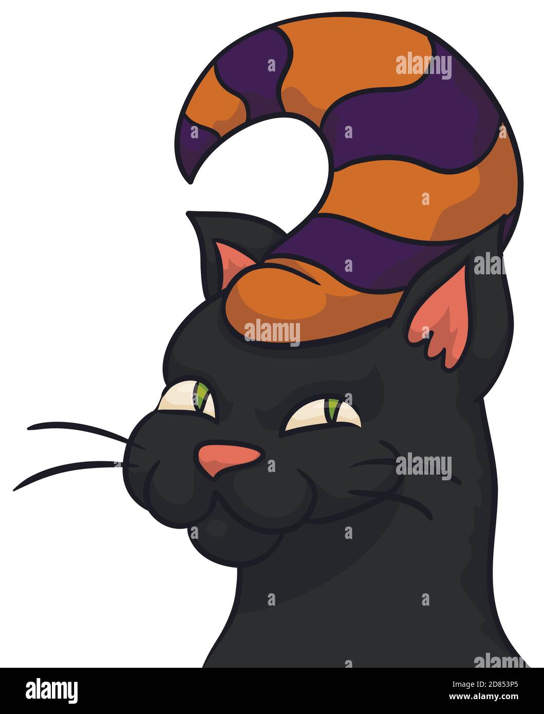 Magical black cat wearing a stripped wizard hat, isolated over white background. Stock Vector