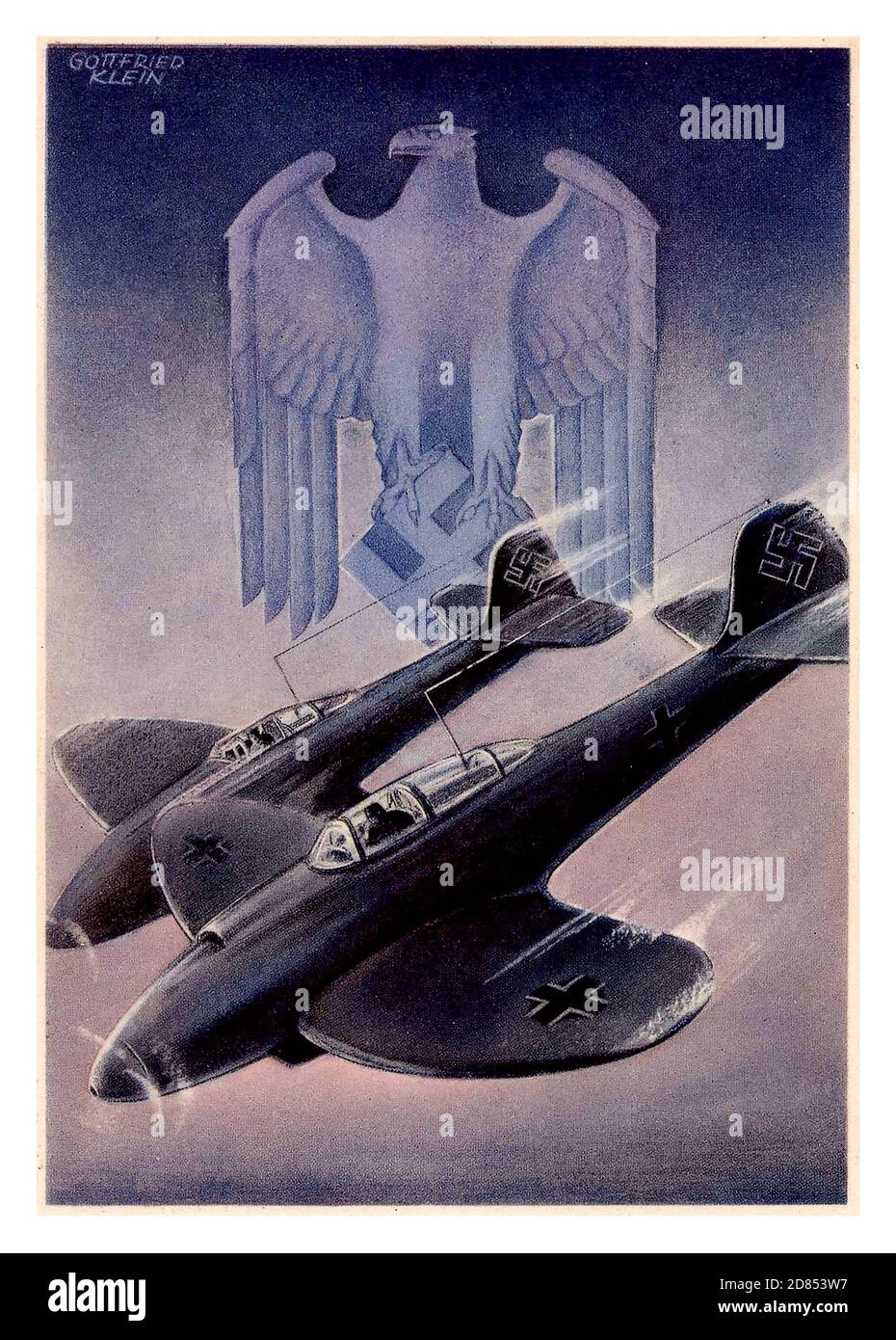 Vintage 1940s WW2 Nazi Propaganda Poster featuring Junkers Ju 87 Stuka dive-bombers with swastika tail fins, German eagle behind clutching a swastika, the symbol for the Nazi Germany Luftwaffe World War II airforce Stock Photo