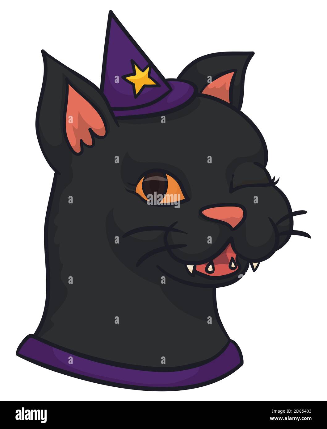 Female black cat wearing a tiny witch hat and winking at you, isolated over white background. Stock Vector